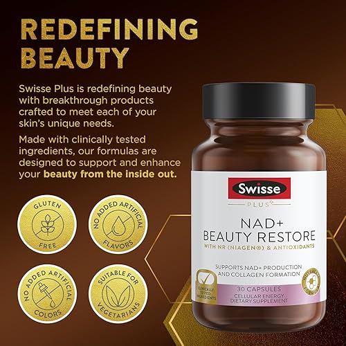 Miniatura 7 de Swisse Plus NAD+ Beauty Restore  Ingredientes clínicamente probados  Suplemento NAD+ para hombres y mujeres  Apoya la formación de colágeno,