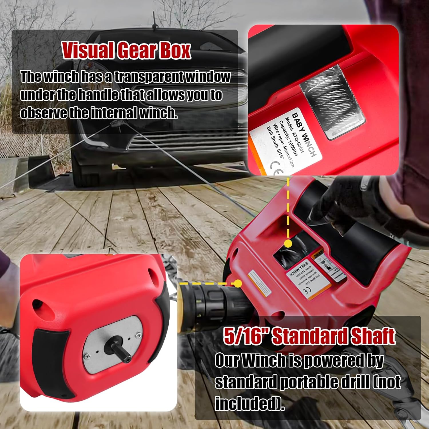 Portable Drill Winch 1000 LB Pulling Capacity with 40 Feet Alloy Steel Wire Rope | Hand Winch with Sling Strap & D Rings Tie Down Strap for Dragging