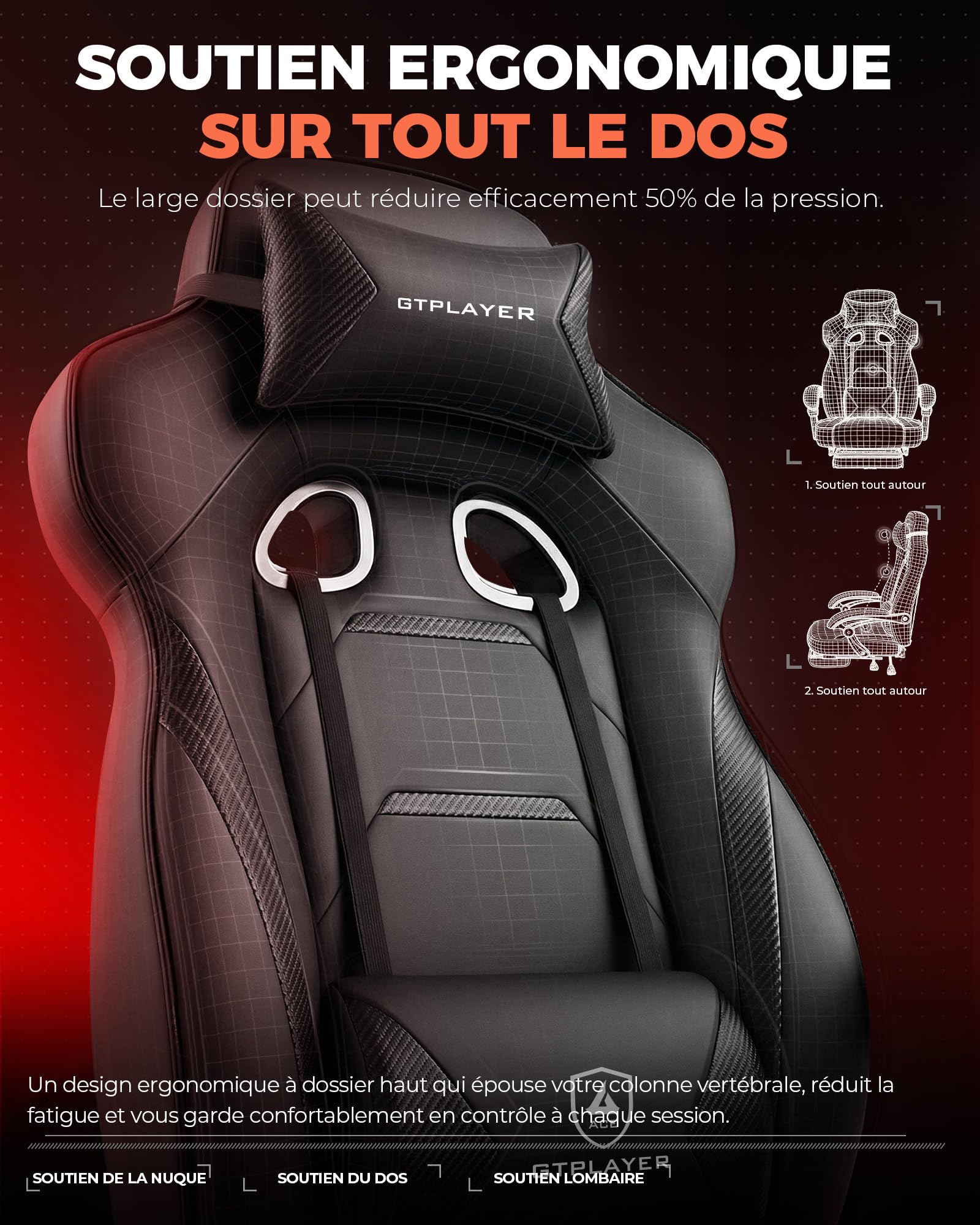 GTPLAYER Chaise Gaming avec Repose-Pieds, Chaise Bureau Ergonomique 180 kg, Fauteuil de Bureau avec Support Lombaire et Appui-tête, Hauteur Réglable, Dossier Réglable 155°, pour Bureau et Jeu, Noir