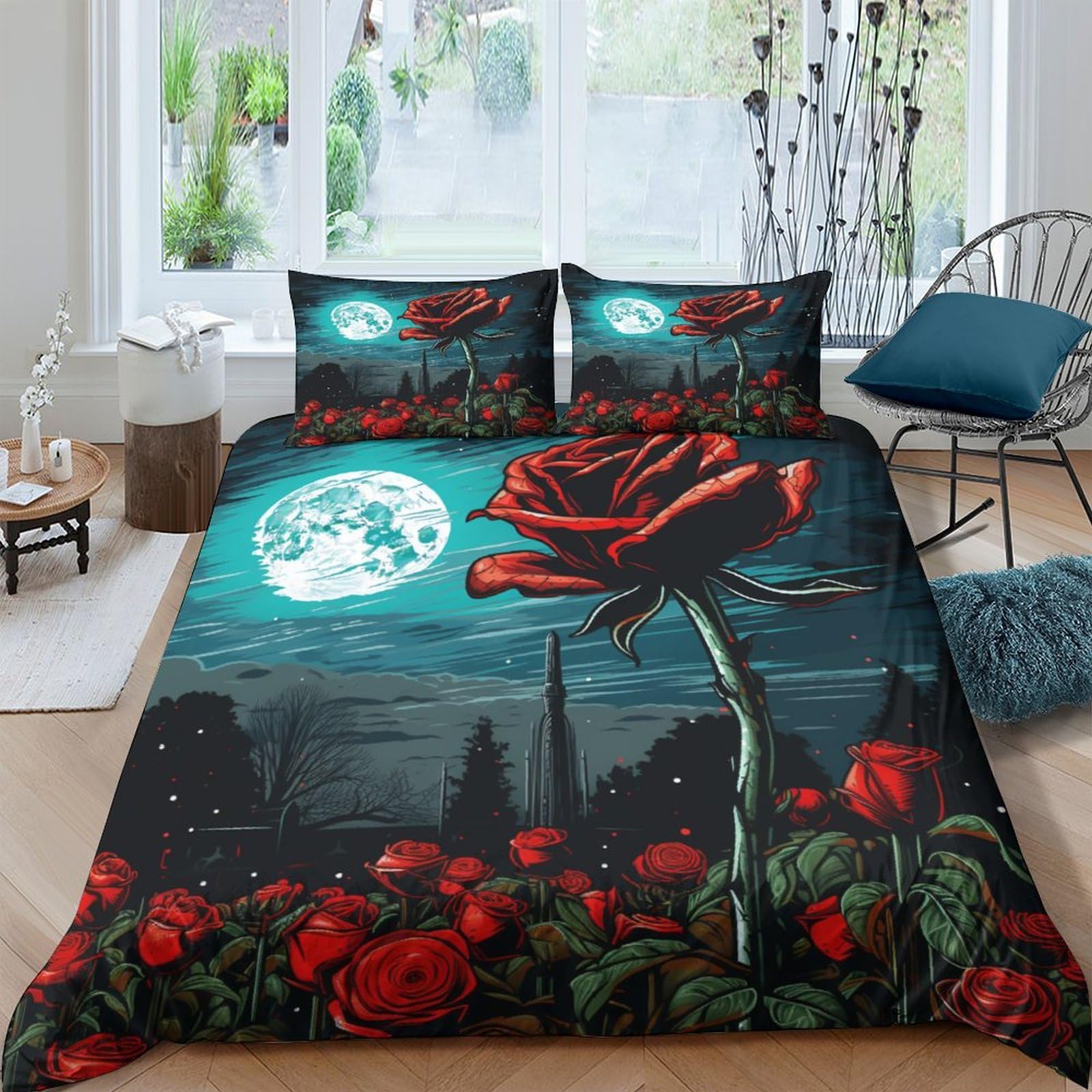 Parure de lit avec fermeture glissière microfibre King lit adulte motif rose 3D