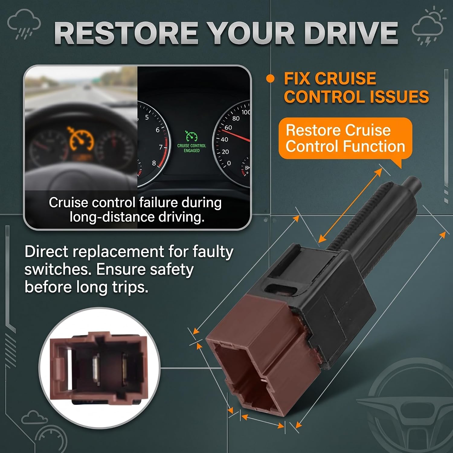 1 PC Brake Light Clutch Switch, Cruise Control Cutout Switch with 2-pin Plug & Play Design, OEM# 25300-3RA0A 25300-4M400 25300-AT300, Compatible with Infiniti Nissan (Black)