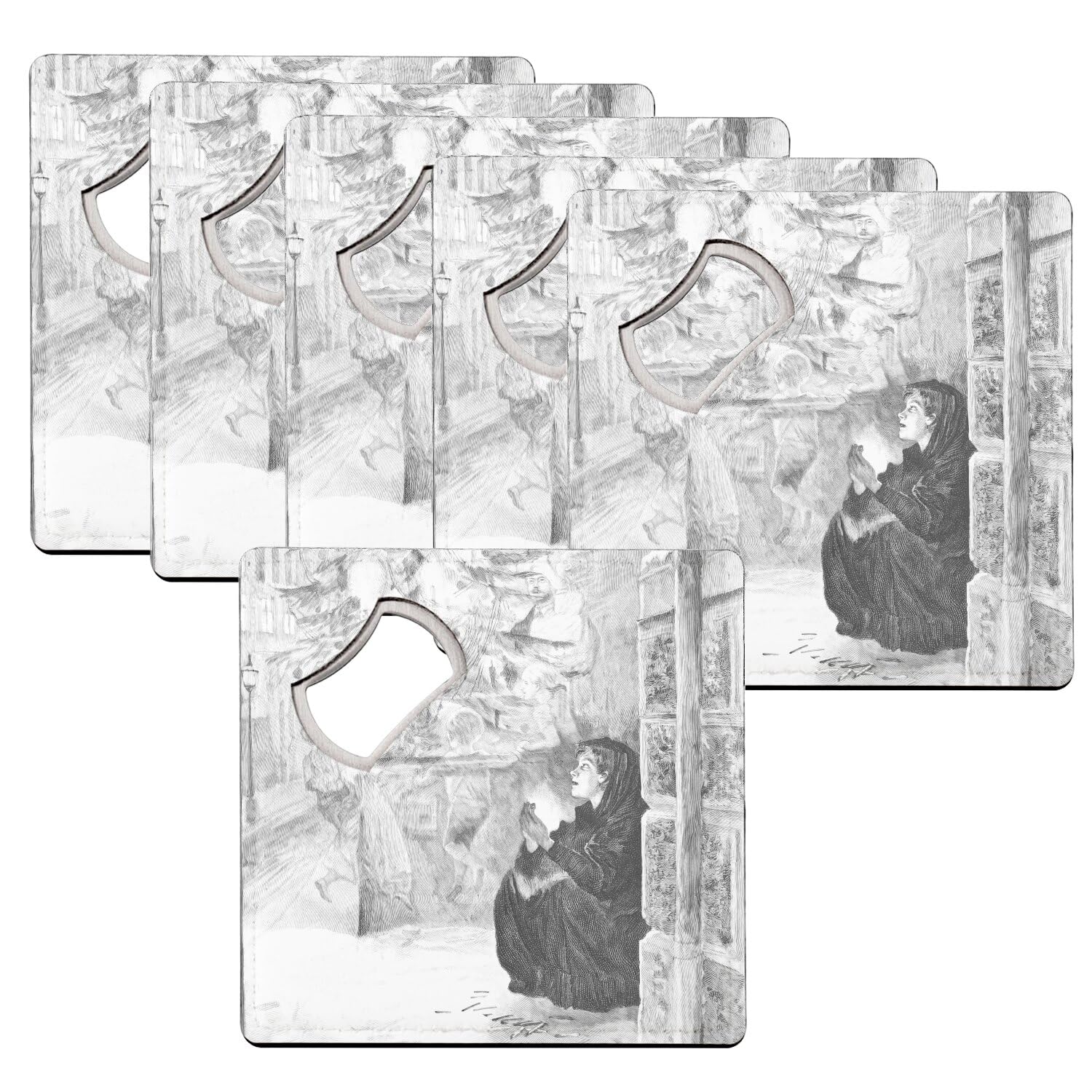 Sous-verre décapsuleur Petite Fille aux Allumettes, lot de 6 dessous de verre rétro pour apéro