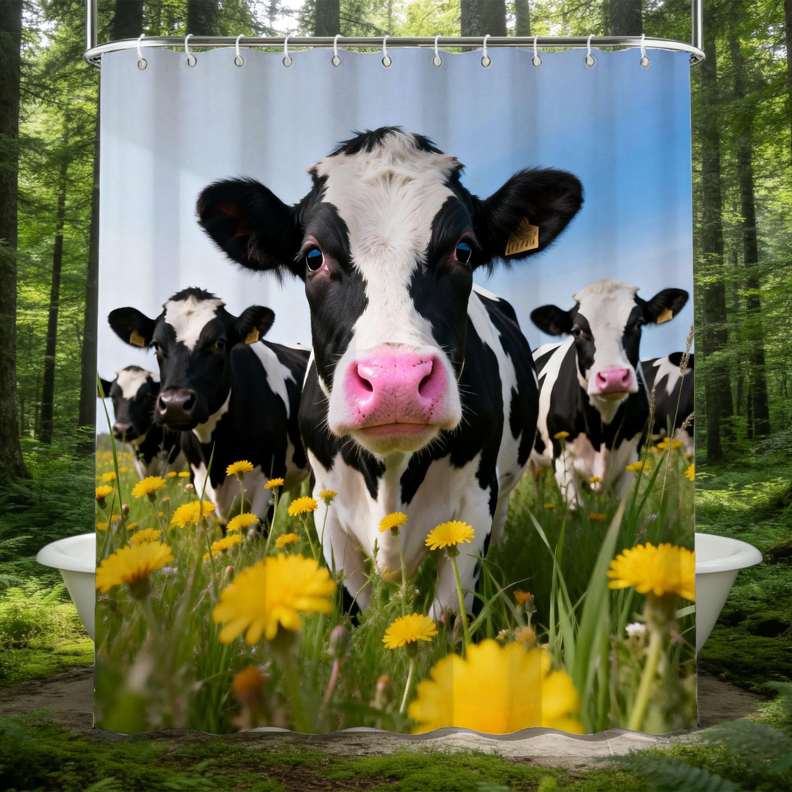 Hongduo 3D Milk Cow Shower Curtain for Stalls Bathtubs Grassland Bathroom Decor Shower Curtain Set Polyester Fabric Waterproof 180x180cm/71X71 Inch with Hooks