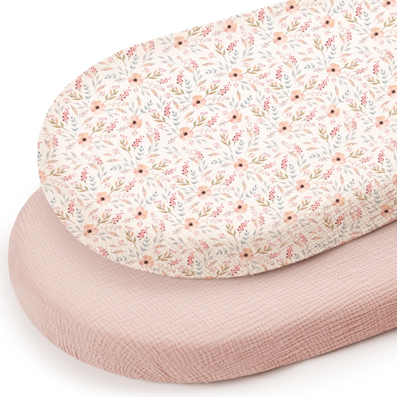 lulumoon Musselin-Bettlaken für Babys: Baumwoll-Bettlaken für Jungen und Mädchen, Stubenwagen-Matratzen-Bettlaken für ovales Rechteck oder Sanduhr (Skinpink & Pinkflower)