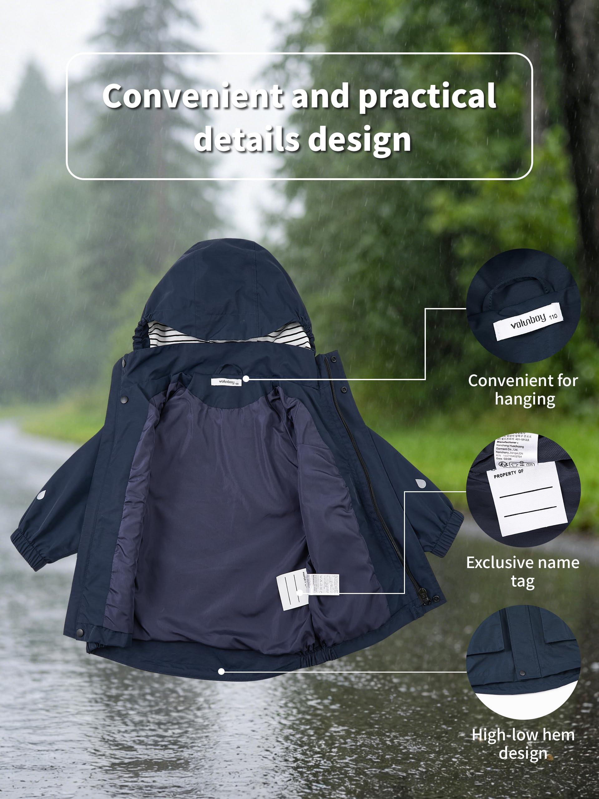 Volunboy Chubasquero Impermeable Infantil, Ligero Cortavientos, Gorro Desmontable, Bandas Reflectantes, Niña y Niño 2-6 Años