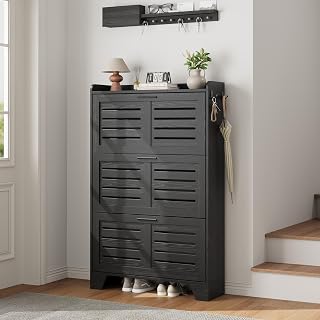 CABIHOME Farmhouse Entryway Shoe Storage Cabinet, 3 Rotate Drawers Narrow Slim Wooden Shoe Organizer with 2 Side Hooks, Louvered Door Engineered Wood Hallway Furniture (Natural Wood, Black, Gray)