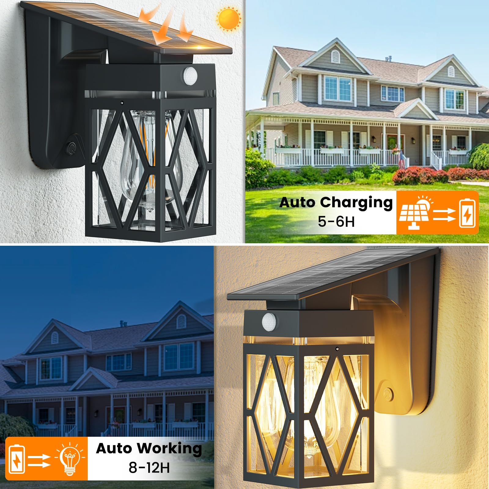 Solar-Veranda-Leuchten für den Außenbereich, Dämmerung bis Morgendämmerung & Bewegungsmelder, Solar-Wandleuchte mit Laternenform, 3 Modi, IP65 wasserdicht, E26-Glühbirne, Außenleuchte für