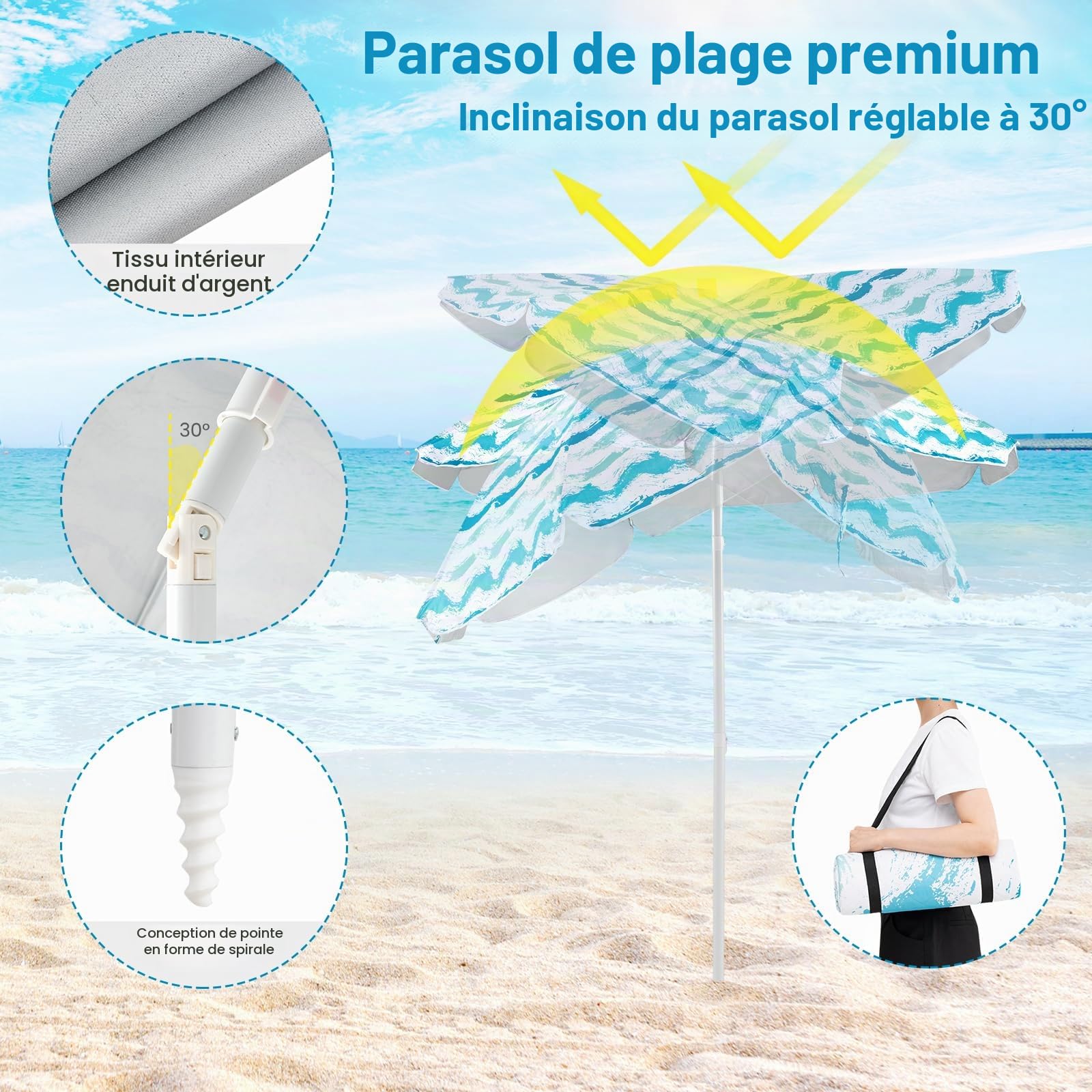 KOMFOTTEU Ensemble Plage, 2 Fauteils, 1 Tapis, 1 Parasol de φ 175cm, Bleu | Set de 4 Chaise Pliable, Charge 150KG, Parasol Inclinable Réglable à 30° avec Sac de Rangement, Tapis de Plage