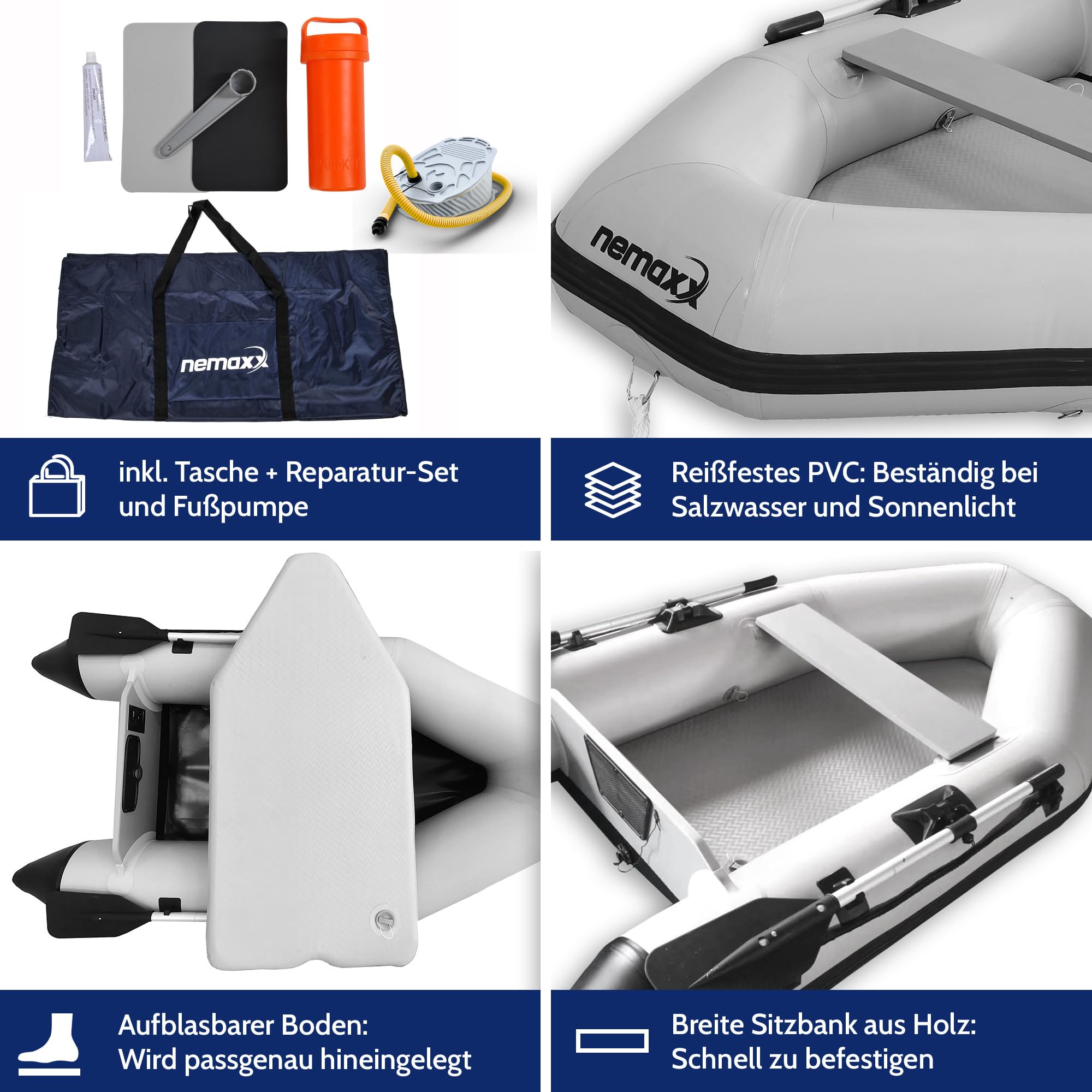 Nemaxx® Profi Schlauchboot 230/330/380 cm für 2/5/7 Personen – Paddel-, Angel- & Ruderboot – Luftboden/Aluboden, motorisierbar, bis zu 905 kg Traglast – inkl. 2 Paddel, Pumpe, Tasche & Reparaturset