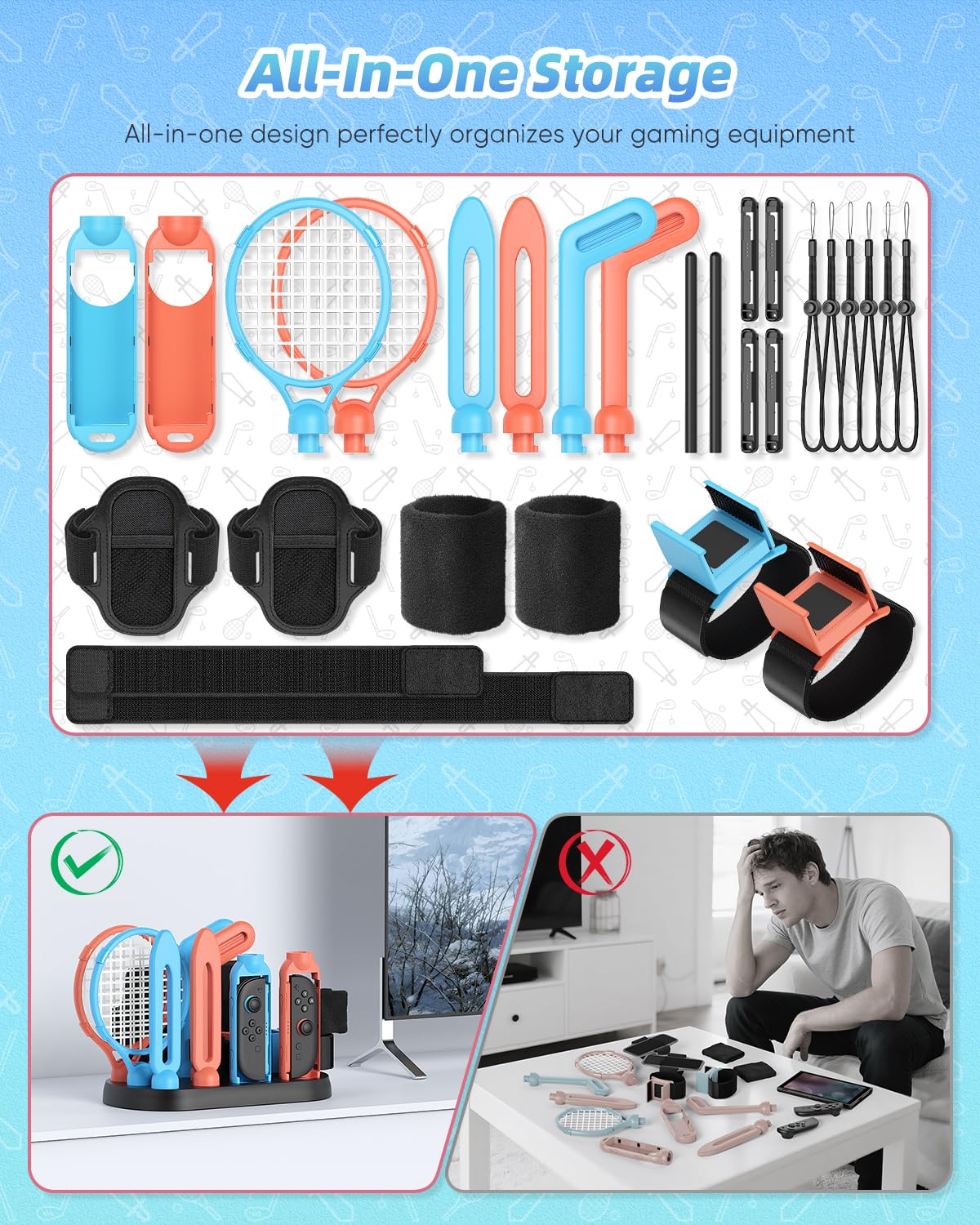 Paquete de accesorios deportivos con estación organizadora para Nintendo Switch 2 (2025)/Switch/OLED, kit deportivo universal para fiesta familiar, golf, tenis, baile, espada, equipo de fútbol para