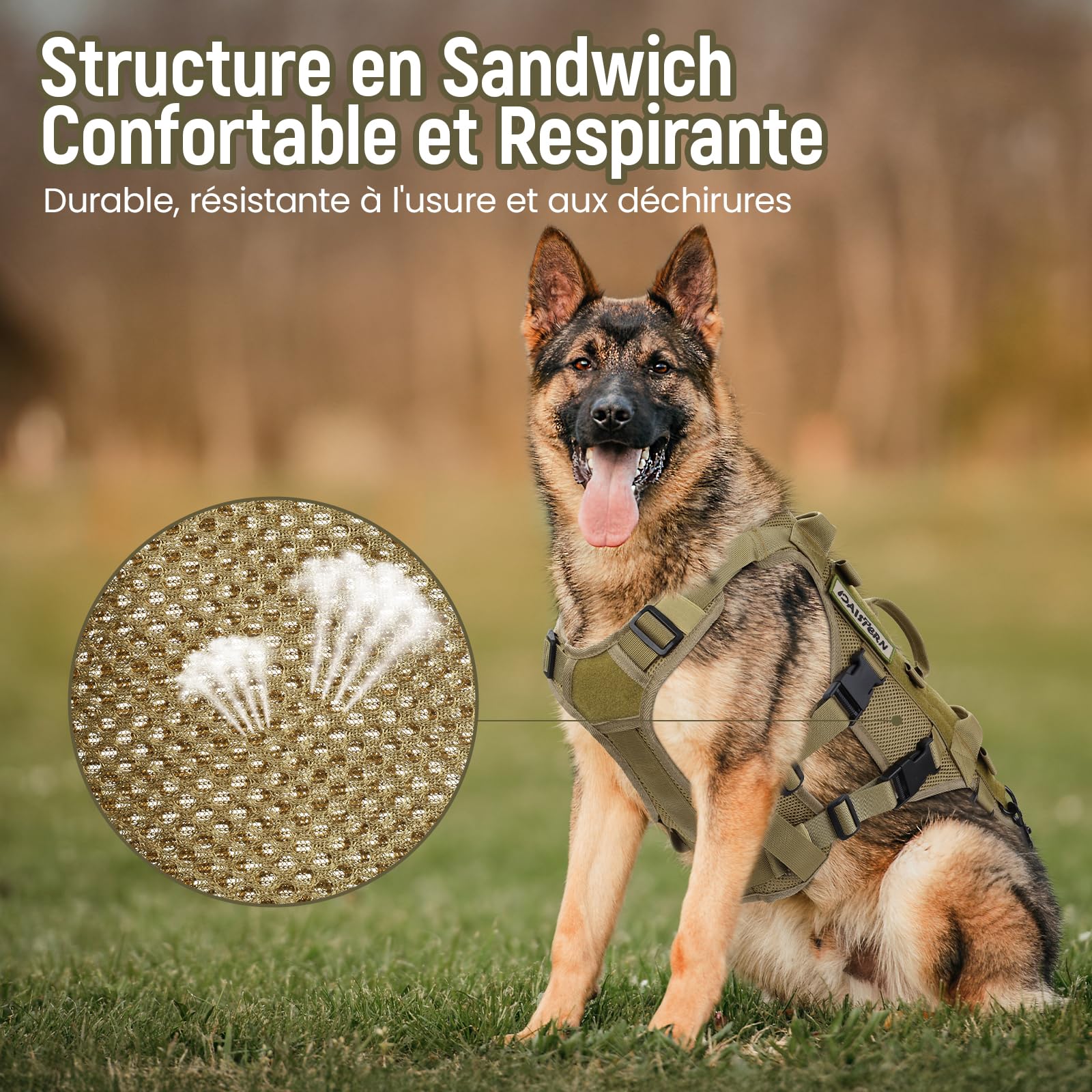 Harnais Anti-Traction Chien Taille L, Harnais Tactique pour Chien en Tissu en Maille Sandwich Respirant, Arnet Poignées et Leggings Arrière Amovibles Conçu pour Chasse Entraînement