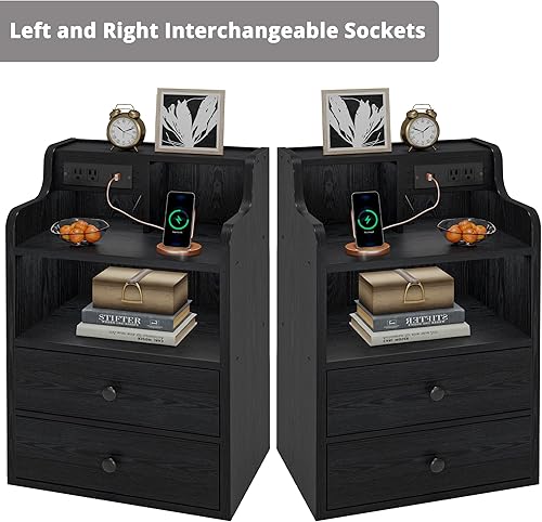 Miniatura 8 de LIKIMIO Mesita de noche negra con estación de carga LED, 2 cajones y estantes de almacenamiento, enchufes intercambiables izquierdo y derecho, mesa