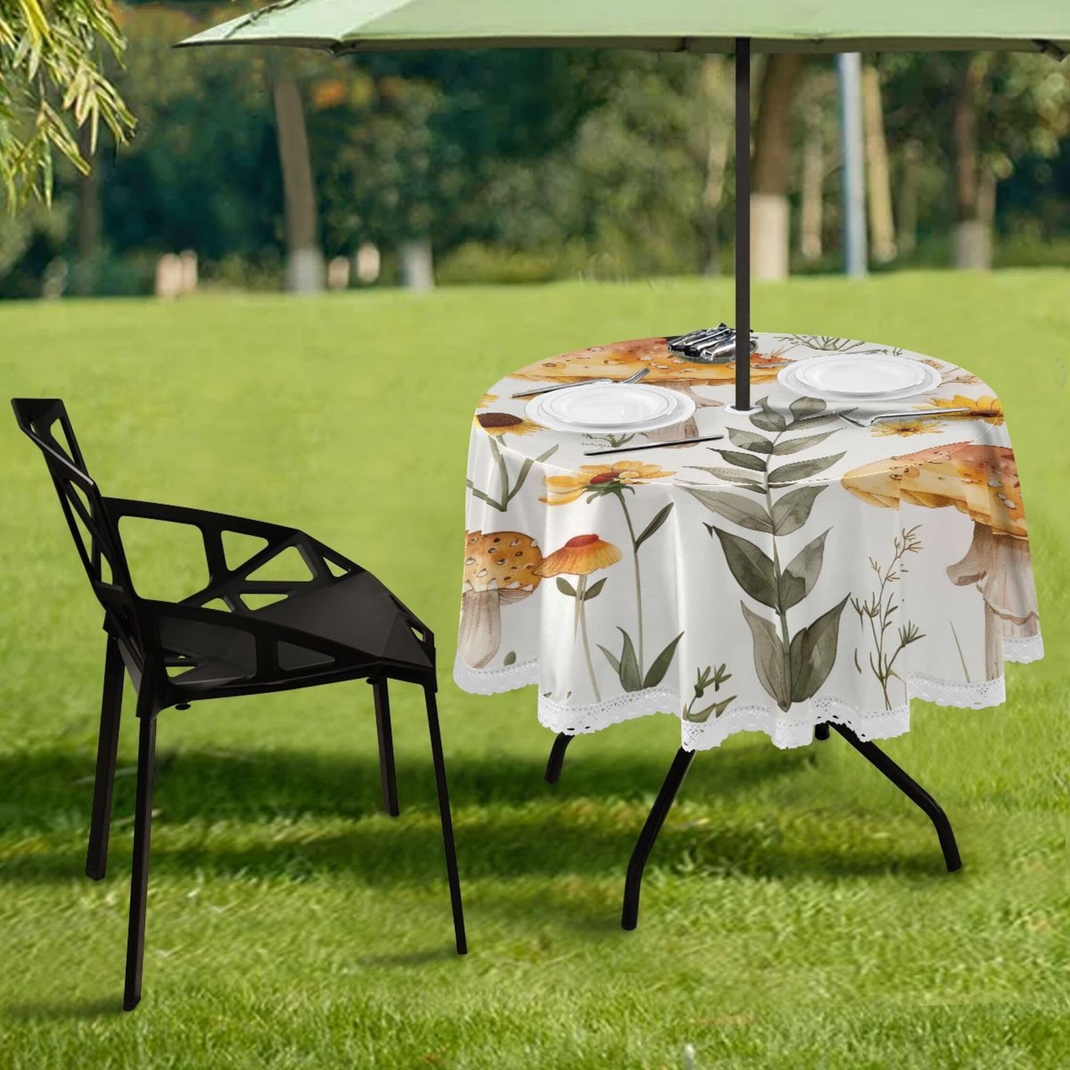 Mantel redondo de 152 cm, diseño de hongos, de poliéster, con borde de encaje, con agujero para sombrilla y cremallera, fácil de limpiar para cocina, comedor, patio, picnic