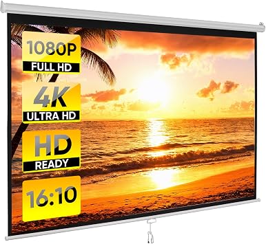 100 Inch 1610 HD Projection Screen Manual Pull Down Indoor Outdoor Movie Screen, Wrinkle-Free Portable Projector Screen for Home Cinema Office Classroom, White