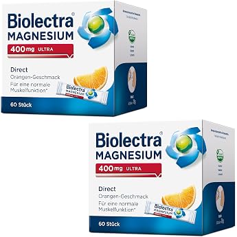 Biolectra Magnesium 400 mg Direct Sticks Orange 2 x 60 Pieces For Normal Muscle Function with Increased Need Magnesium Direct Sticks High Can