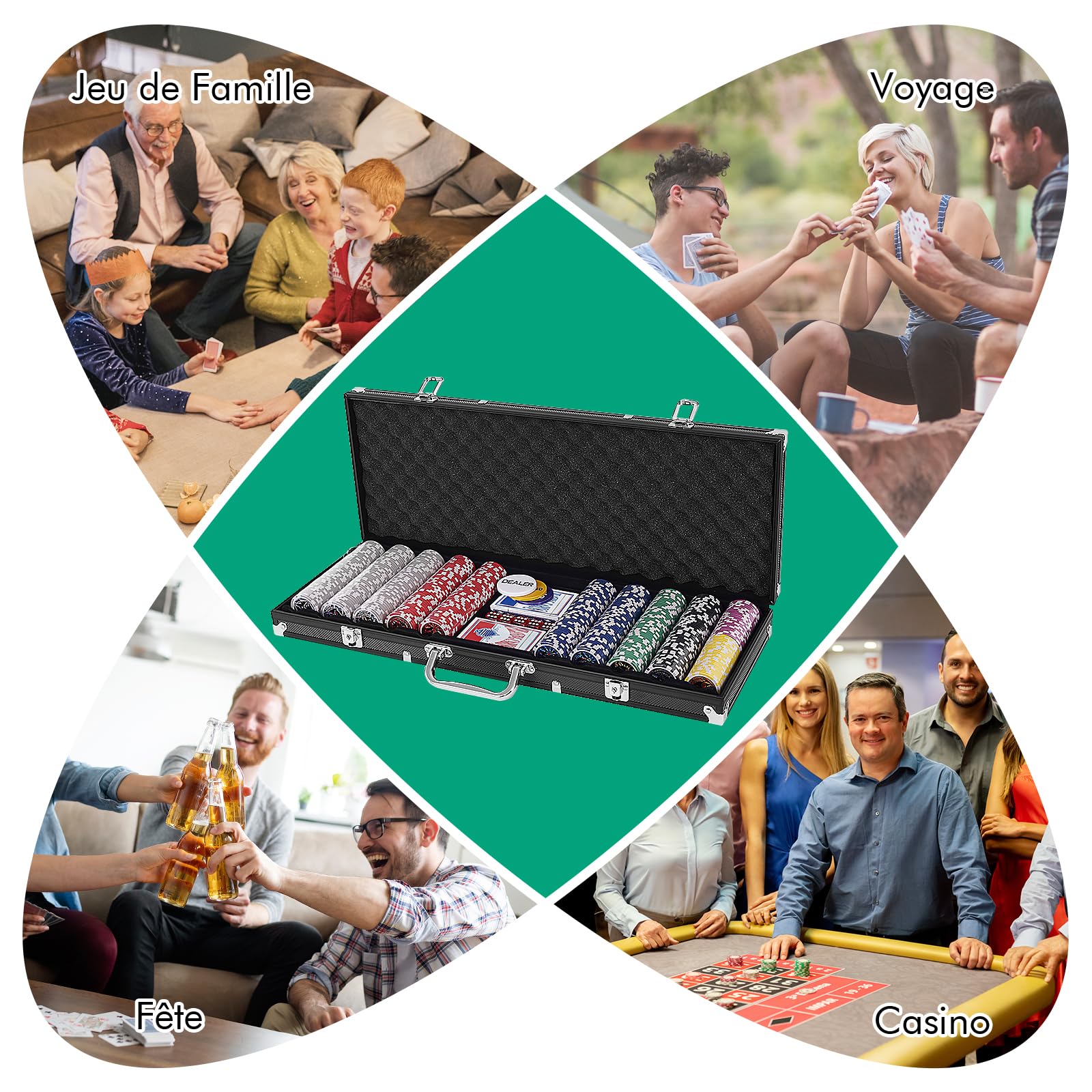 DREAMADE Set de Poker avec 500 jetons de Poker Laser & Valise en Aluminium & 2 Jeux de Cartes & 5 dés & 3 Boutons de Croupier & Nappe, Jeu de Poker Professionnel (Noir)