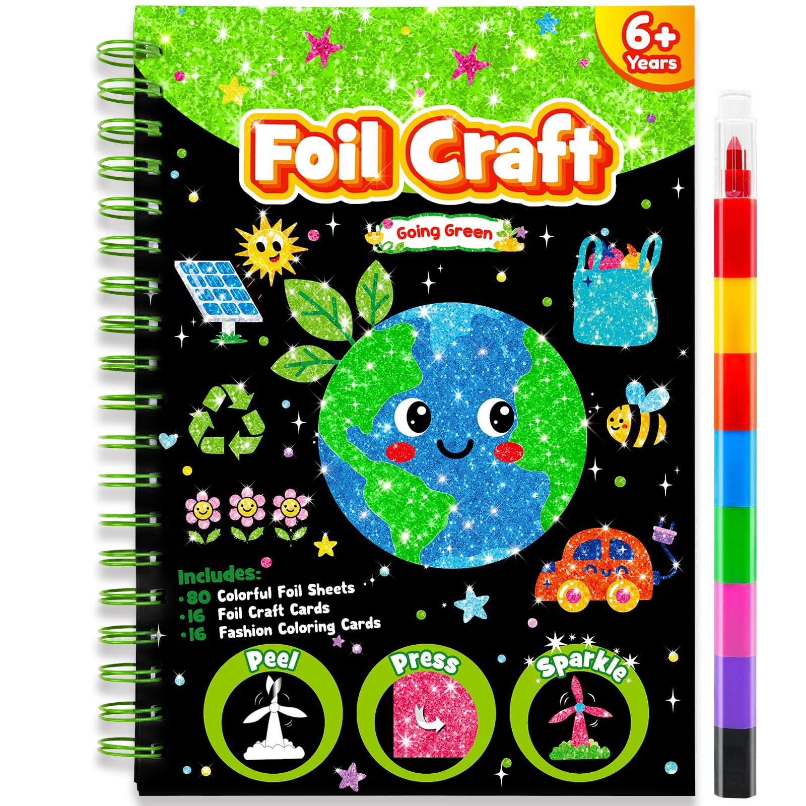 LIKYMO Foil Art - Foil Craft, Art and Craft for Kids, No Mess Colouring Book, DIY Creative Activity, Travel Toys, Gifts for 4-9 Year Old Girls Boys (Going Green) โ image 1