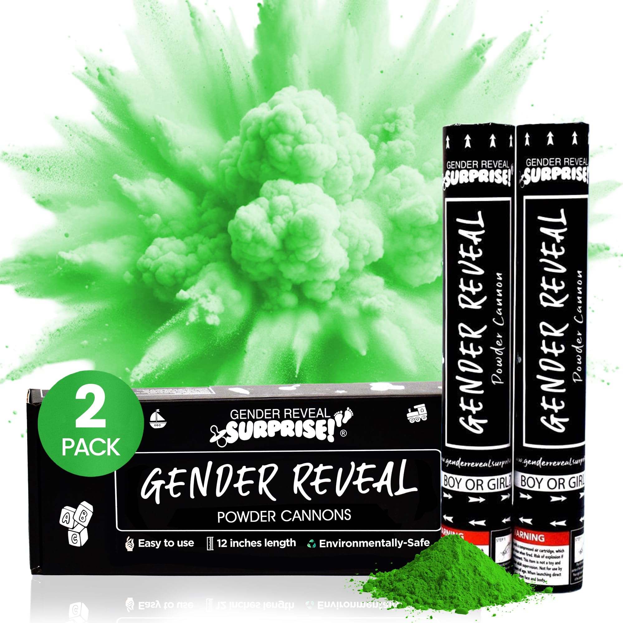 Gender Reveal Surprise - Green Gender Reveal Powder Cannon - Easy to Use Green Powder Cannon for Baby Gender Reveal Parties, Baby Showers & More - Colorful Powder Popper - 12 Inch - 2 Pack