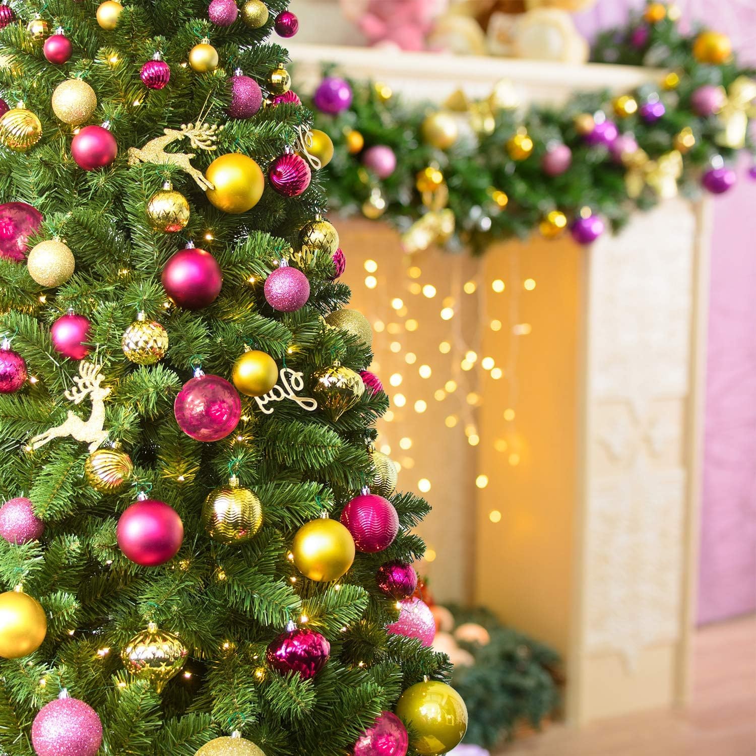 KI Store Hot Pink Christmas Balls 34pcs 2.36-Inch Christmas Tree Decoration Ornaments for Xmas Tree Holiday Wreath Garland Decor Ornaments Hooks Included