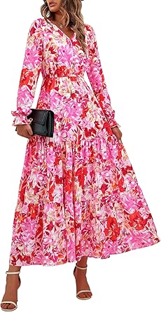 BTFBM Women Fall Dresses 2025 Casual Long Sleeve V Neck Maxi Dresses Floral Boho Long Dress Wedding Guest Dress
