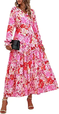 BTFBM Women Fall Dresses 2025 Casual Long Sleeve V Neck Maxi Dresses Floral Boho Long Dress Wedding Guest Dress