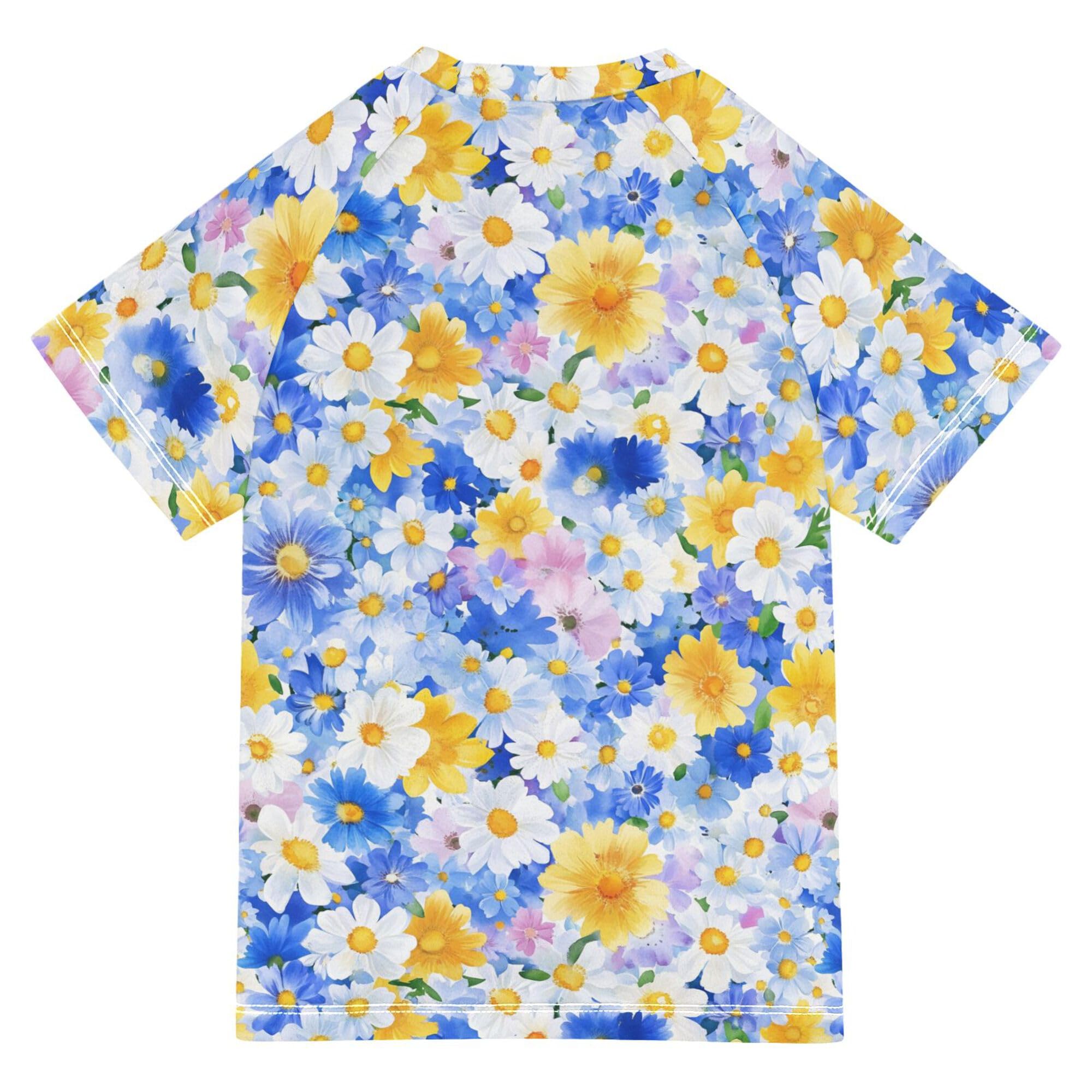 Iceland White Blue Summer Flowers Kids Bathing Suits Girls UV Protection Kids Rash Guard Swimwears Active Shirts for Little Boys 9-10Y