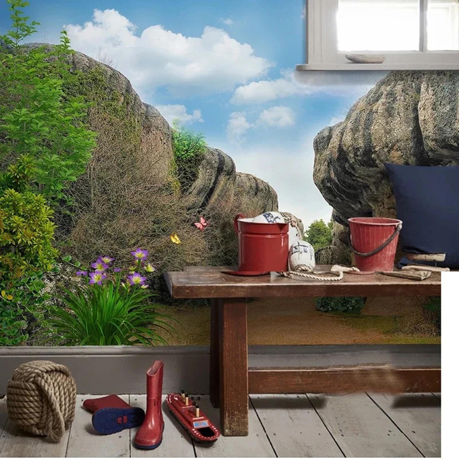Paesaggio naturale 3D con piante, alberi, sentieri, cielo blu e nuvole bianche, murale per soggiorno, TV e divano (PVC autoadesivo)