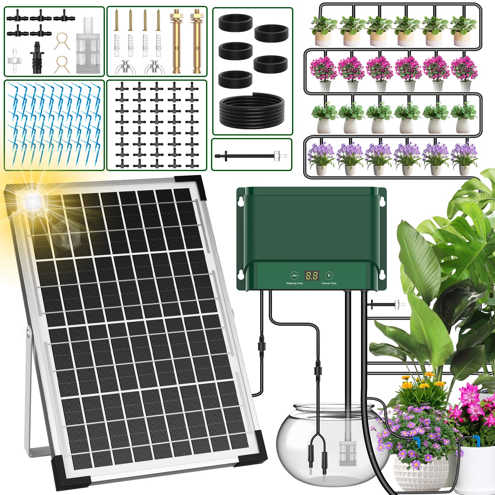 AnseTo Solar Bewässerungssystem für Garten Balkon Bewässerung, Solar Automatische Bewässerungscomputer für die Tropfschlauch Bewässerung von Garten, Balkon, Greenhouse Pflanzen, Kübelpflanzen