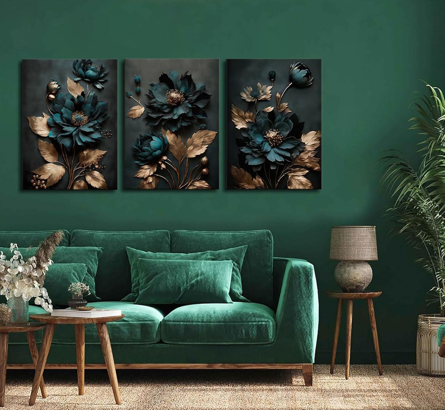 3pcs Dark Green And Gold Flower Canvas Wall Art Elegant Bloom Flowers Pictures Wall Decor Modern Abstract Plant Posters Prints Paintings for Living Room Bedroom Bathroom Decoration - Image 2