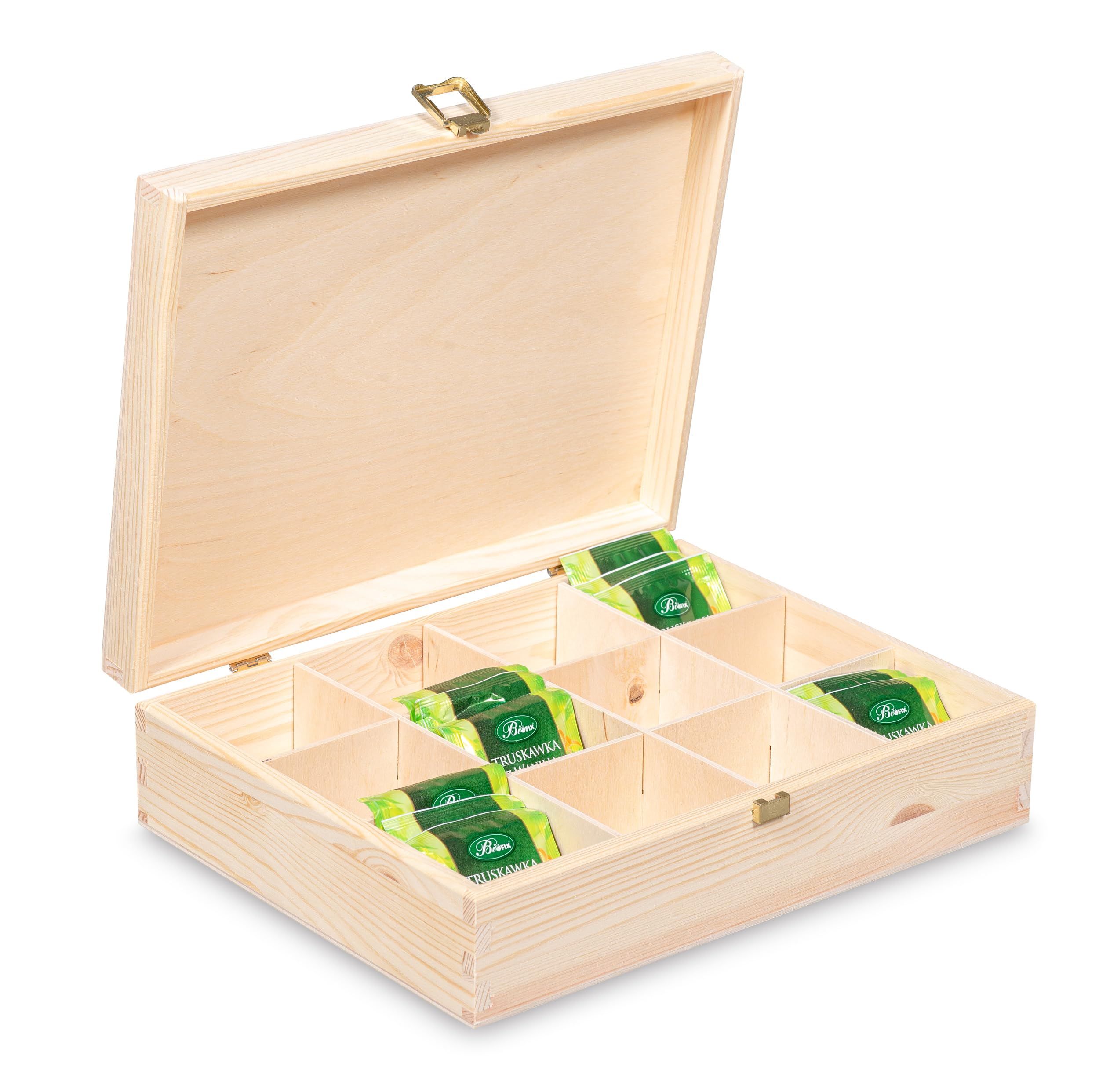 Pinus Teebox 29,5x22,5x8 cm 12 Fächer Teebeutel Organizer Klappdeckel | Kiefernholz, 12 Fächer, staubgeschützt, für Teebeutel Sortenübersicht, Küche Esszimmer, kompakt platzsparend
