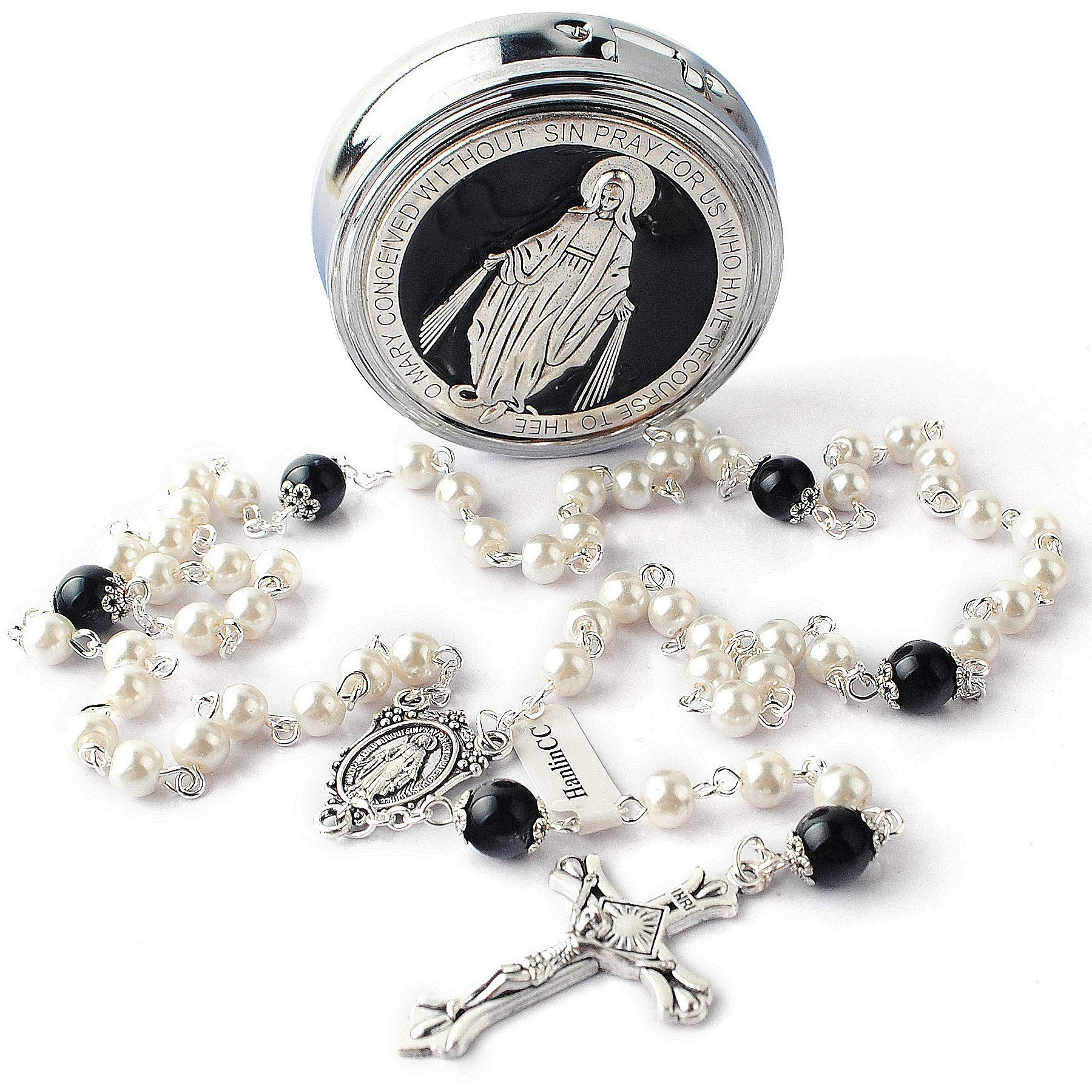 HanlinCC 6mm Glass Pearl Beads with 8mm Our Father Beads with Caps Rosary Pack in Miraculous Metal Gift Box