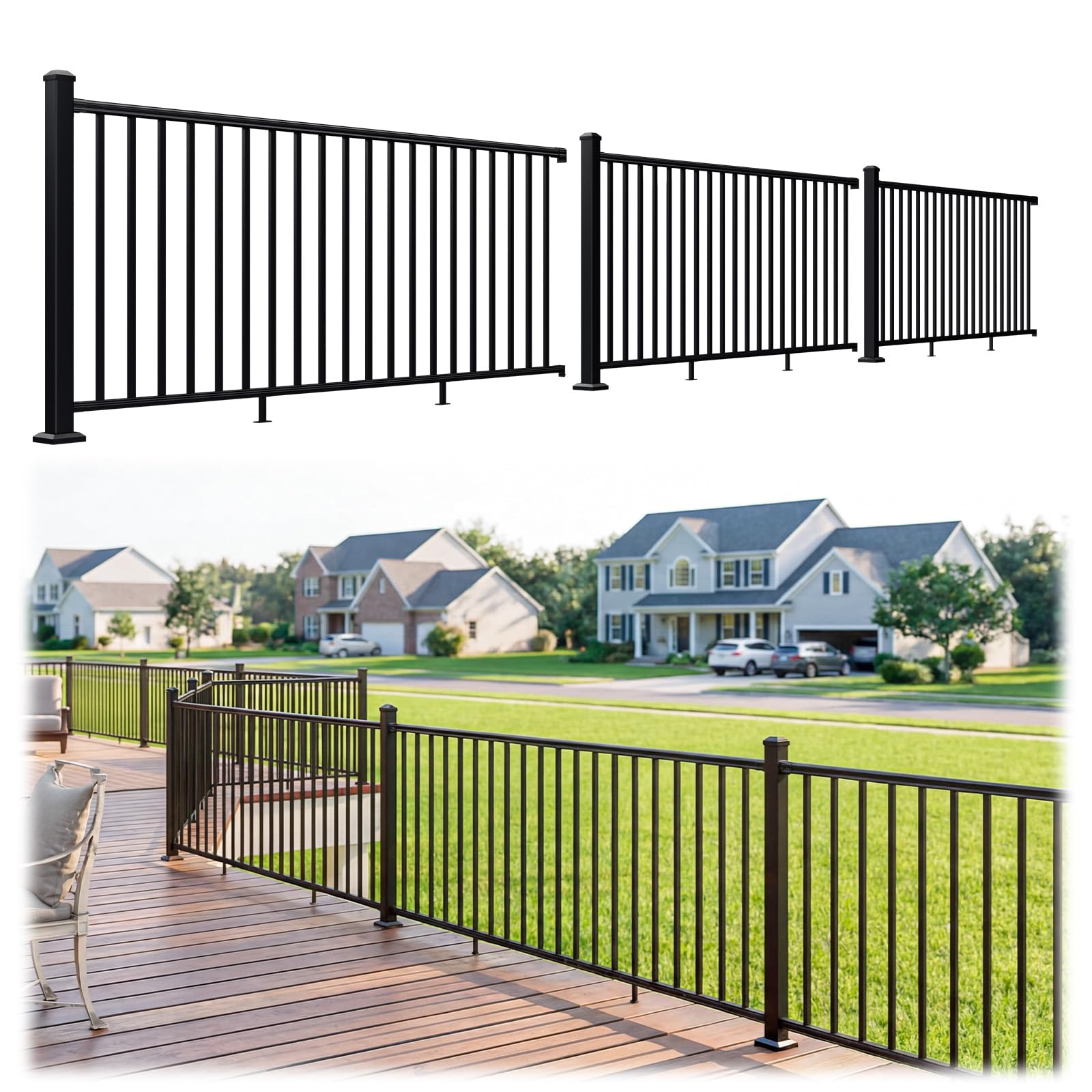 Photo 1 of Egadis 42 in. H x 24 ft. W Porch and Deck Railing Kit, Aluminum Railing Kit, Black Textured AAMA 2604 Powder-Coat Finish Modular Rail System for Outdoor Decks, Porches & Balconies (3 Post, 3 Panel)