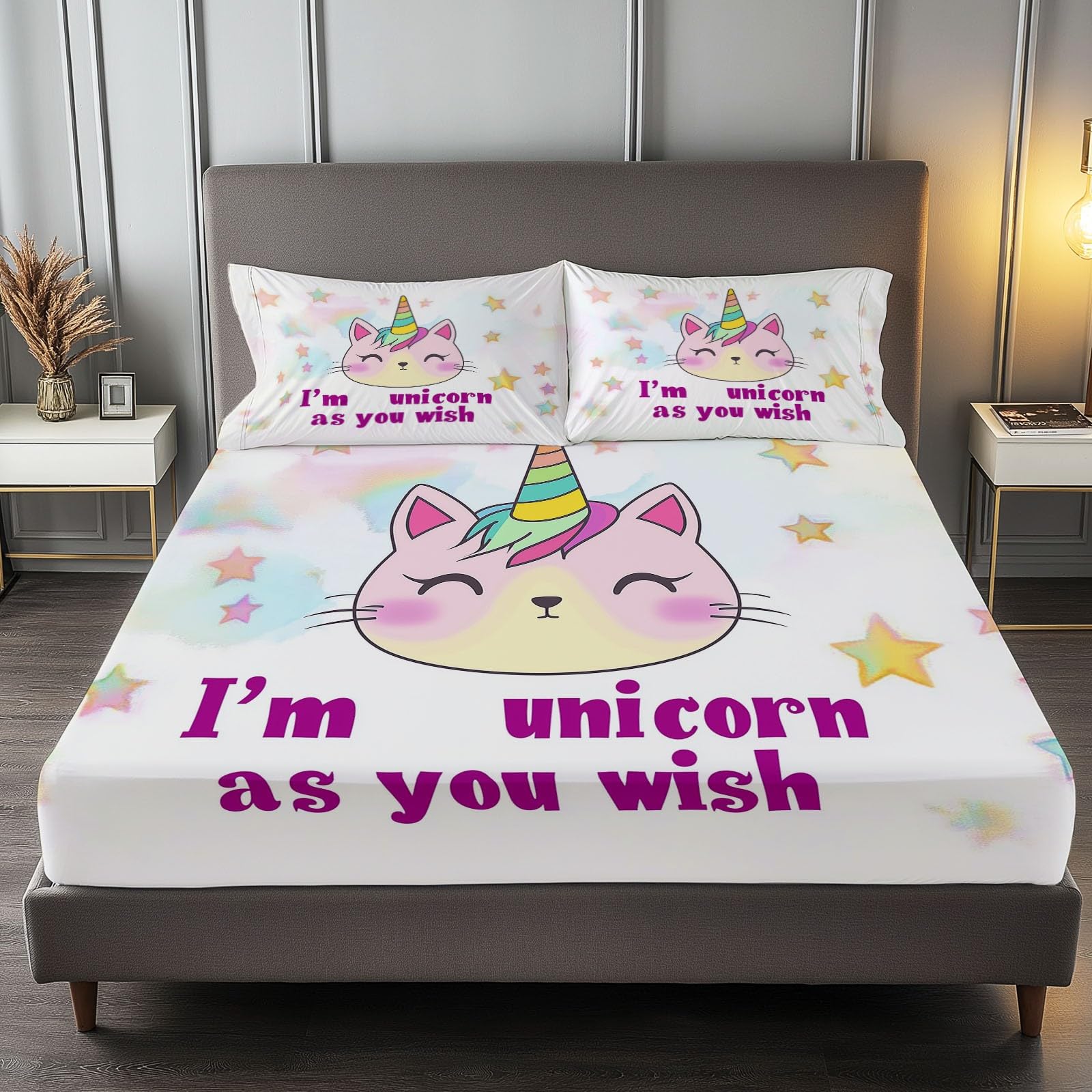 Fitted Sheet Twin Size Bedding Set for Kids Girls Women Men Room Decor, Soft Microfiber & Deep Pocket & Wrinkle Free Cartoon Unicorn Letters Bedding Sheets, Colorful