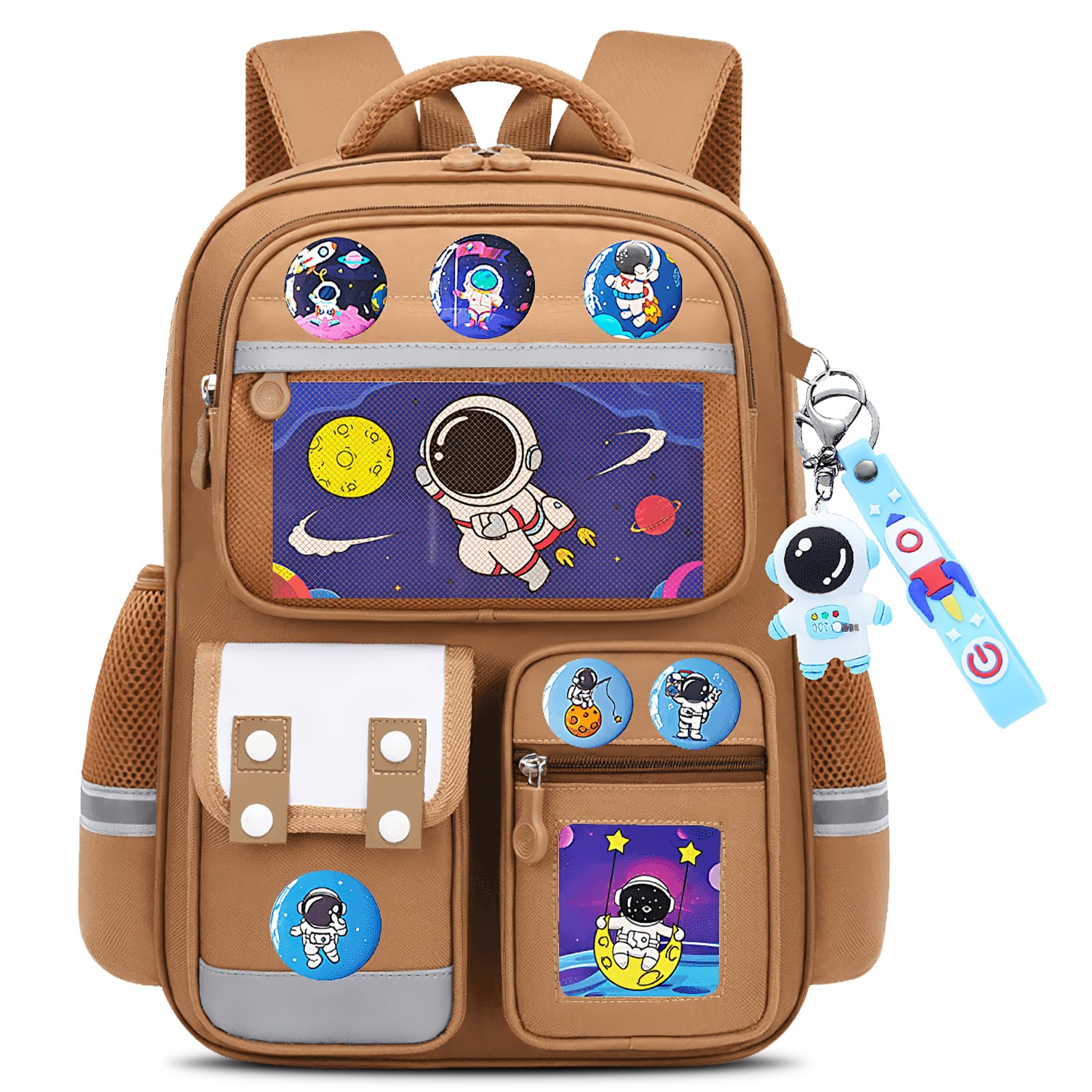 Amythe Zaino Bambino Scuola Elementare 8-12 Anni – Zaino Ergonomico Leggero con Strisce Riflettenti, Scomparto A4, Oxford 600g – Astronauta per Rientro a Scuola -Marrone