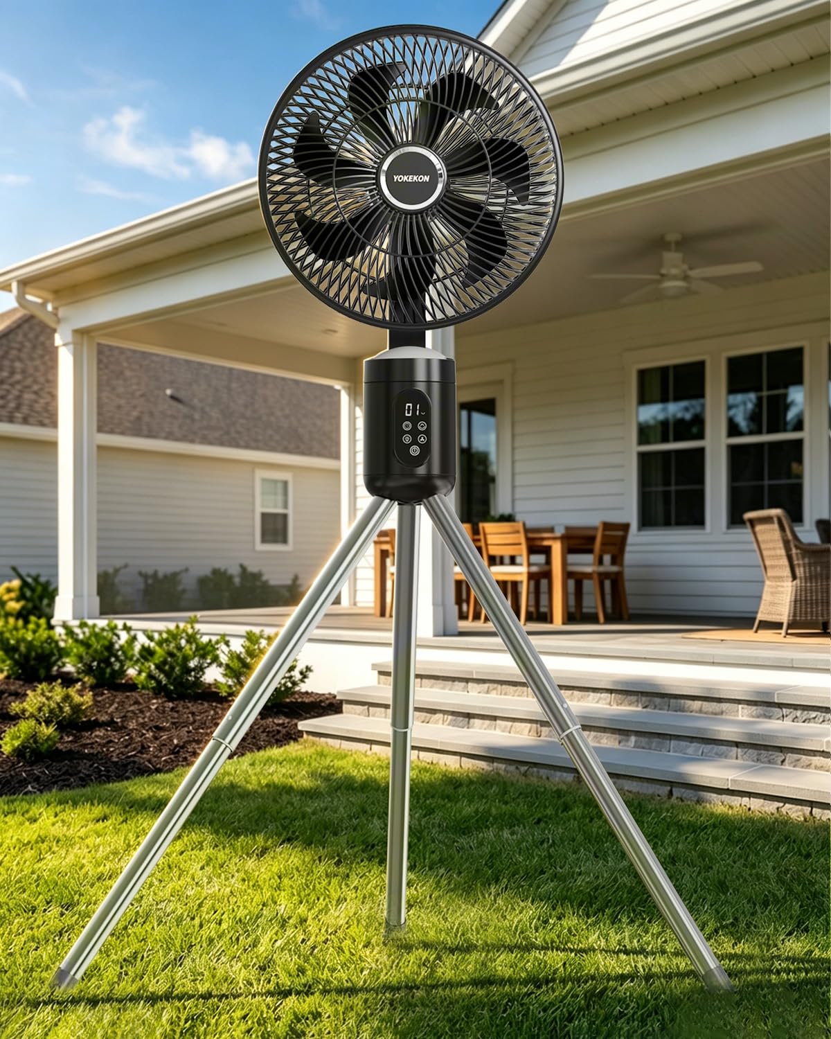 Photo 1 of Outdoor Fans for Patios,Cordless Outdoor Fan with Light and Remote,Pedestal to Tabletop & Hanging,Battery Operated Rechargeable Fan,12" Oscillating Fan For Quiet,8 Speeds,Timer,Gazebo,Deck,Porch,Black