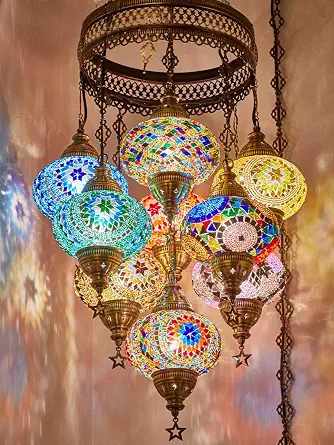 DEMMEX 9-Piece 7-Inch Large Turkish Moroccan Mosaic Hanging Ceiling Light with 15ft Cord and Chain