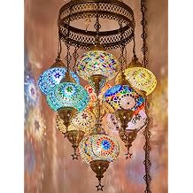 DEMMEX 9-Piece 7" Large Globe Plug-in Turkish Moroccan Mosaic Chandelier &ndash; Tiffany-Style Hanging Ceiling Pendant Light with 15ft Cord, Chain &amp; Plug &ndash; Handmade, Customizable, Hangs 4 ft