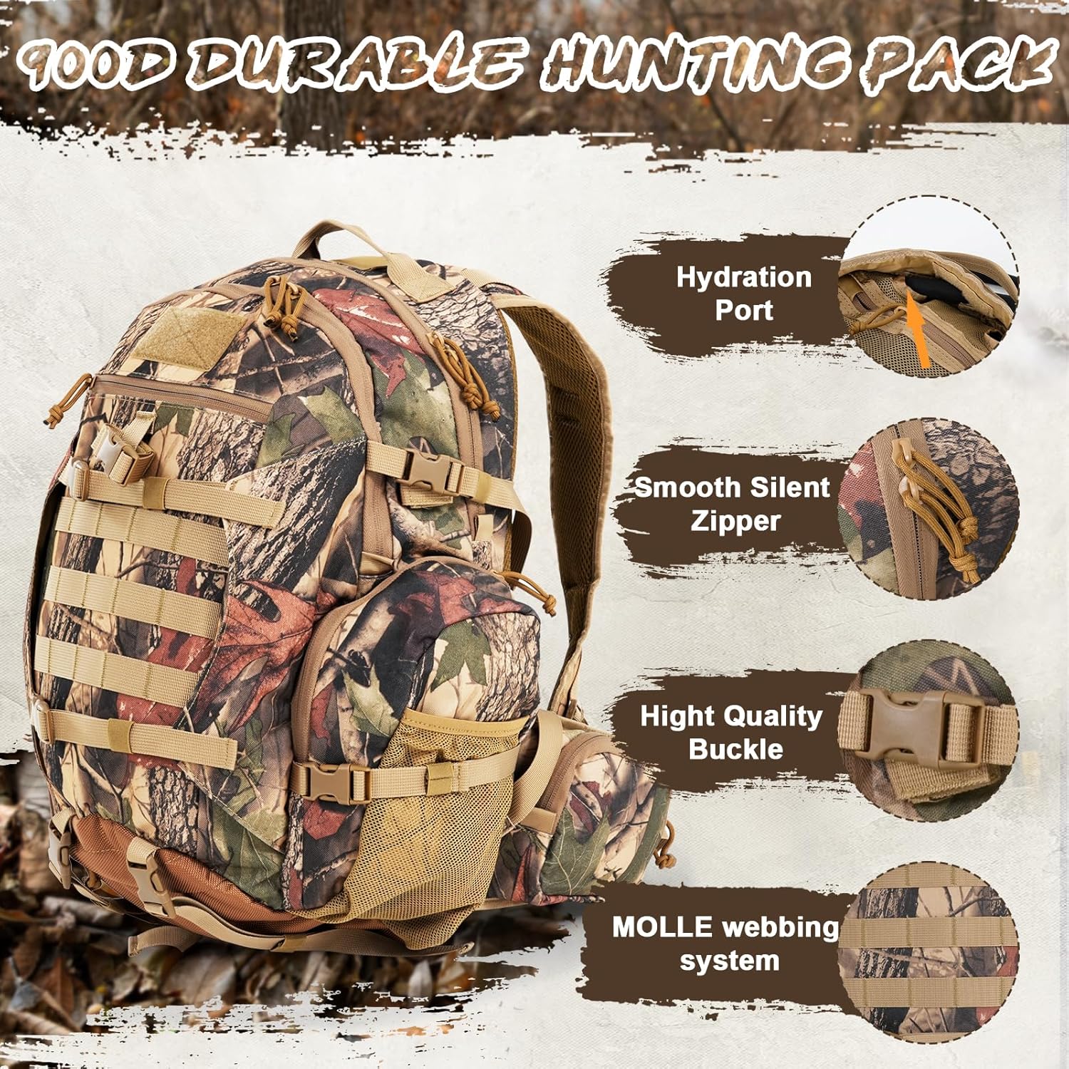 Hunting Backpack for Men, 900D Waterproof Camo Hunting Pack, 35L Large Molle Hunting Day Pack with Rifle Bow Gun Holder, Rain Cover - Image 6