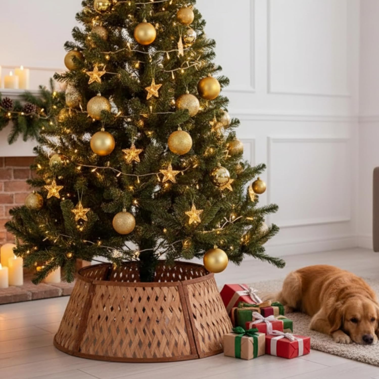 Hollowfly 28 Inch Large Woven Christmas Tree Collar for Rustic Farmhouse Home Decor Bamboo Rattan Basket Skirt Base Cover Natural Brown Xmas Stand Cover for Holiday Decorations 6-7.5 ft Tree