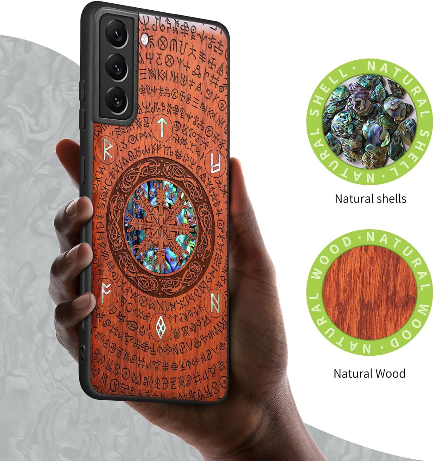 Carveit Designer Wooden Cover for Samsung Galaxy S22 Plus Case [Wood Engraving & Shell Inlay] Compatible with Wireless Chargers Galaxy S22 Plus (Viking-Rosy)