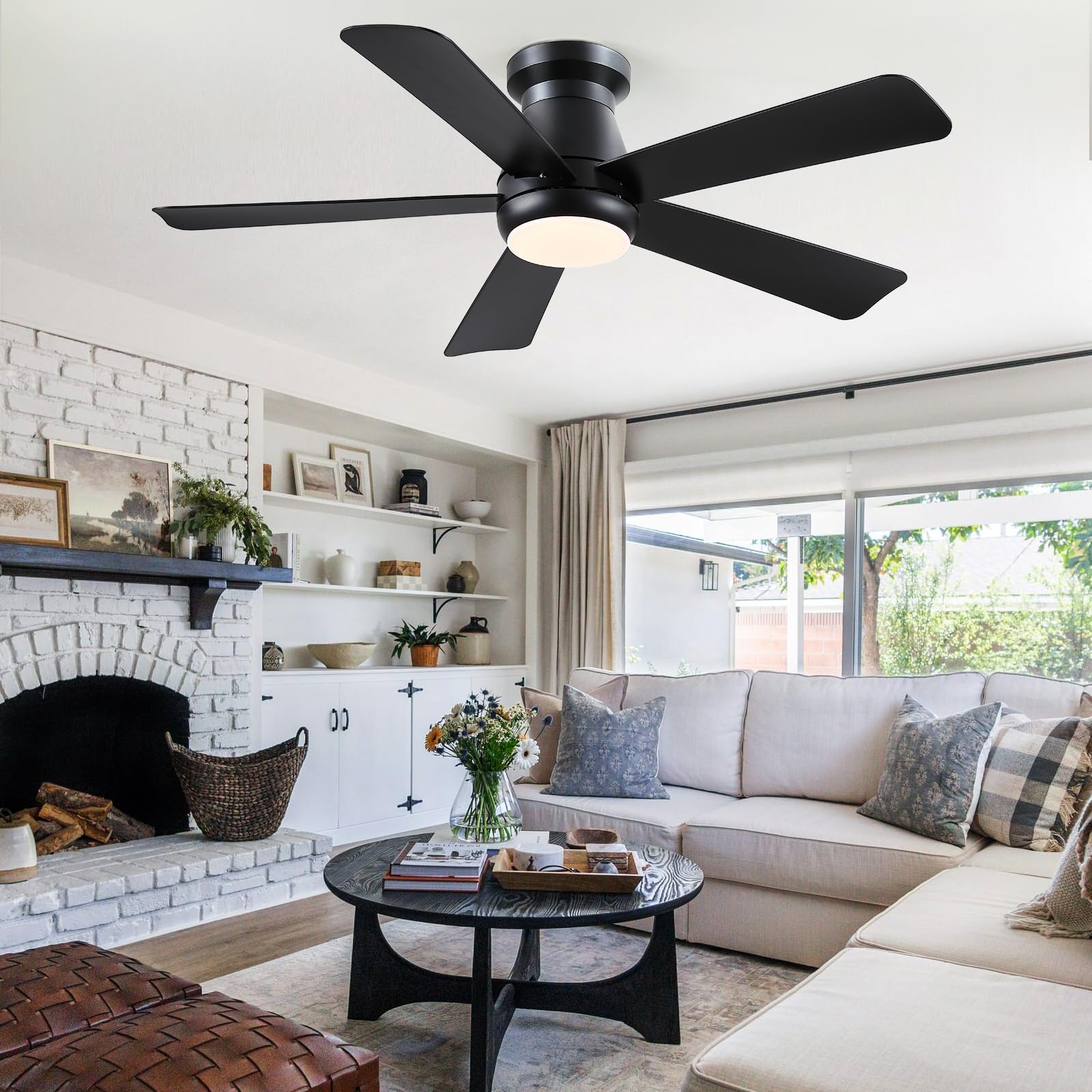 Kviflon 117 cm Ventilateur de Plafond Silencieux avec Éclairage LED, Moteur DC Basse Consommation à 6 Vitesses, Montage Affleurant (Flush Mount), 5 Pales ABS, Télécommande, Réversible Été/Hiver, Noir