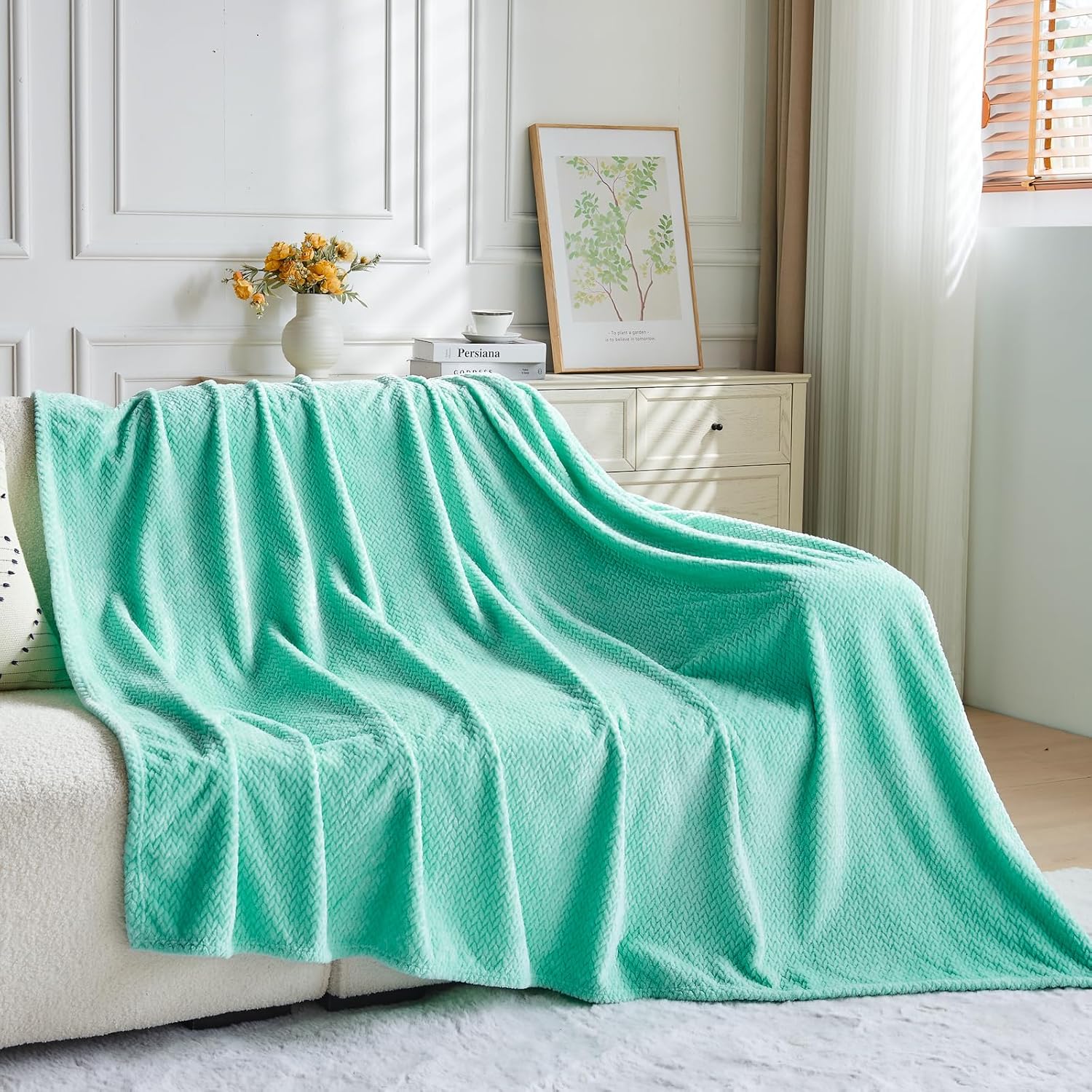 NEWCOSPLAY Super Soft Throw Blanket Aqua Premium Silky Flannel Fleece Leaves Pattern Lightweight Bed Blanket All Season Use (Aqua, Throw(50"x60")) - Image 7