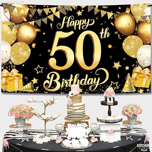 Miniatura 2 de KatchOn, Black and Gold Happy 50th Birthday Banner - XtraLarge, 72x44 Inch  Happy 50th Birthday Backdrop  50th Birthday Decorations for Men  Happy