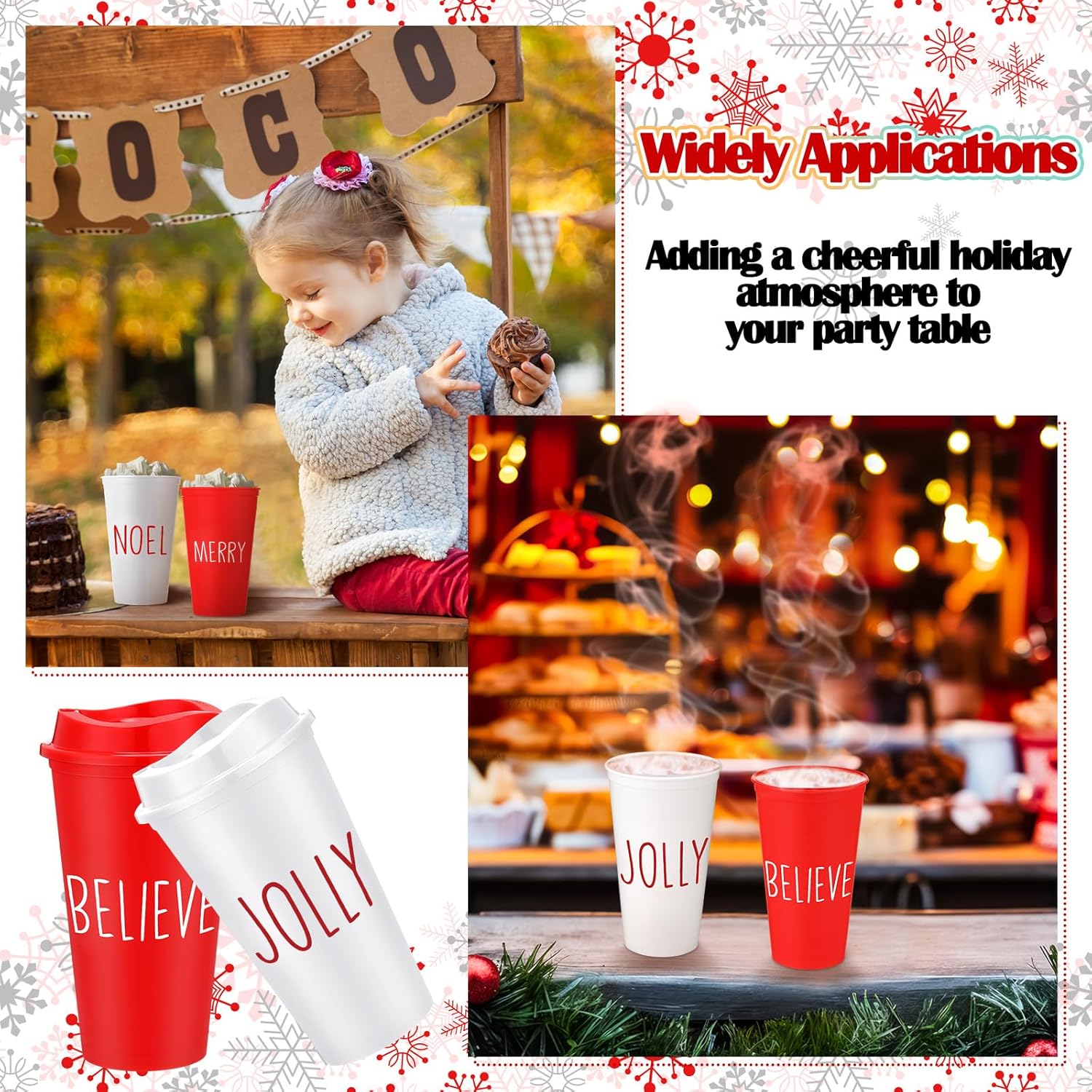 Qinyoung 24 Pcs Hot Cocoa Reusable Coffee Cups Bulk 16 oz Christmas Coffee Mugs with Lid Plastic Tumblers Travel Gift for Xmas Drinks Chocolate Bar Party Supplies(Merry Believe Jolly Noel)