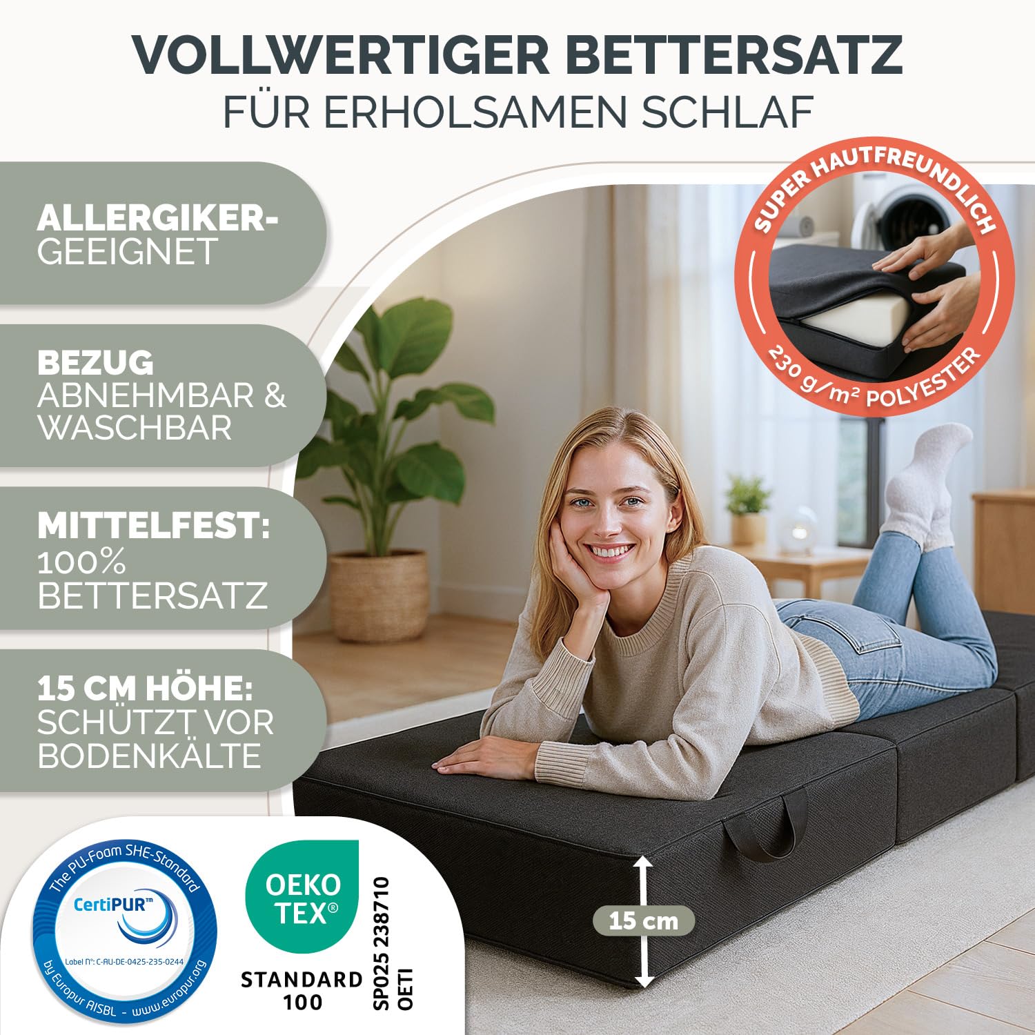 Blumtal Klappmatratze 120x200 cm - 3teilige Gästematratze klappbar extra dick (15 cm) - rückenfreundliche Faltmatratze 140x200 Schaumstoff - Schlafmatratze + Bezug Anthrazit hautfreundlich & waschbar