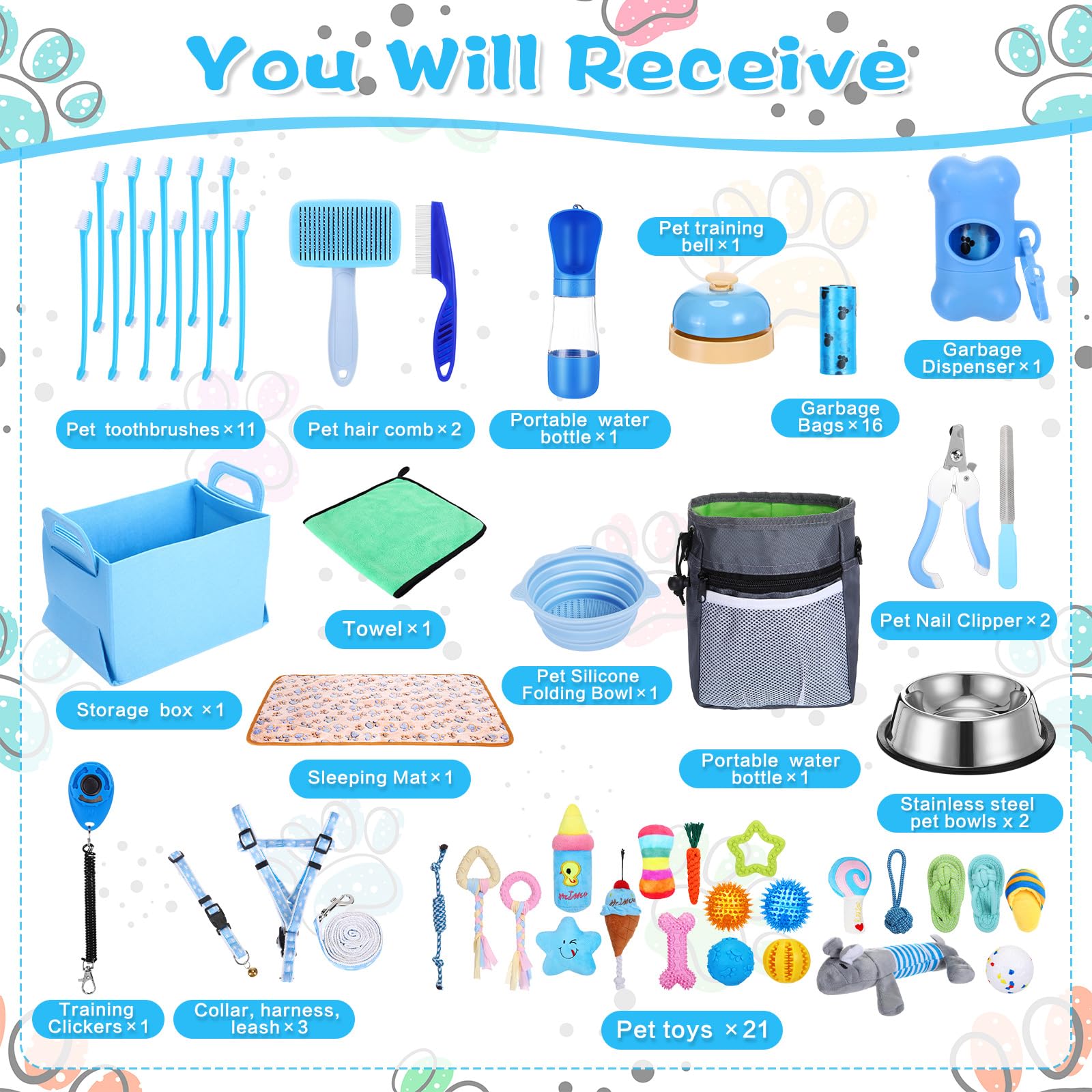 65 Pcs Puppy Supplies Starter Kit Small Dog Essentials Includes Dog Leash, Toys, Bowl, Brushes, Water Bottles, pet Blankets Puppy Accessories for New Welcome Gift Supplies(Cool,Blue) - image 3