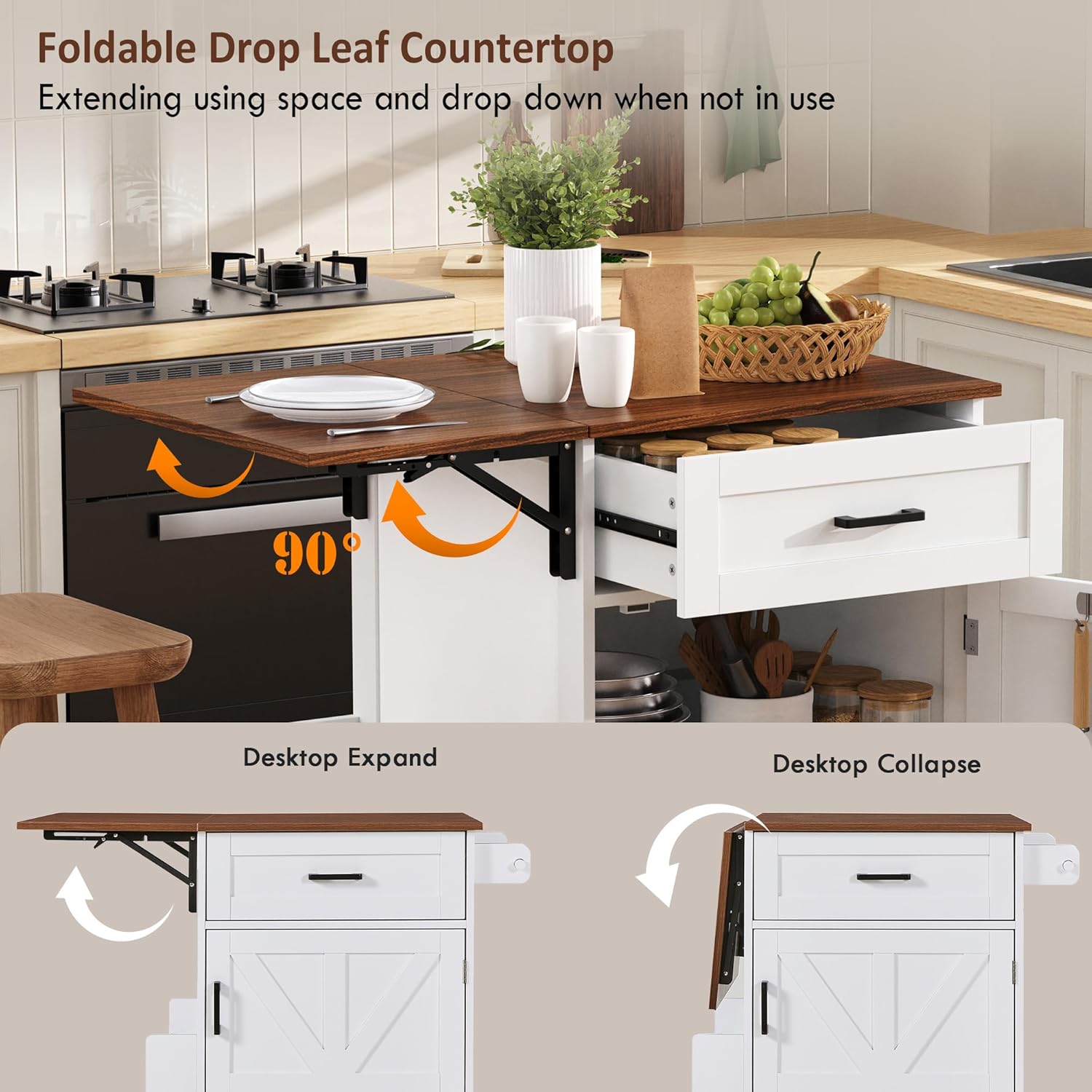 39.3" Kitchen Island with Side Drop Leaf, Space-Saving Rolling Kitchen Cart with Lockable Wheels, Storage Island with Open Side Rack, One Drawer & Towel Rack, for Kitchen, White
