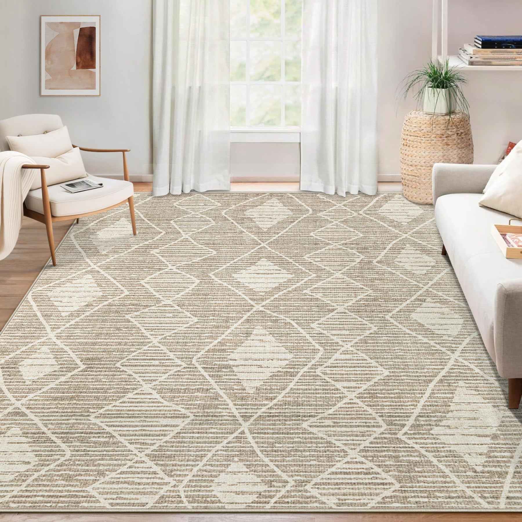 Area Rug for Living Room 6x9: Large Washable Boho Moroccan Rugs Geometric Neutral Rug, Non-Slip Foldable Morden Farmhouse Indoor Floor Carpet for