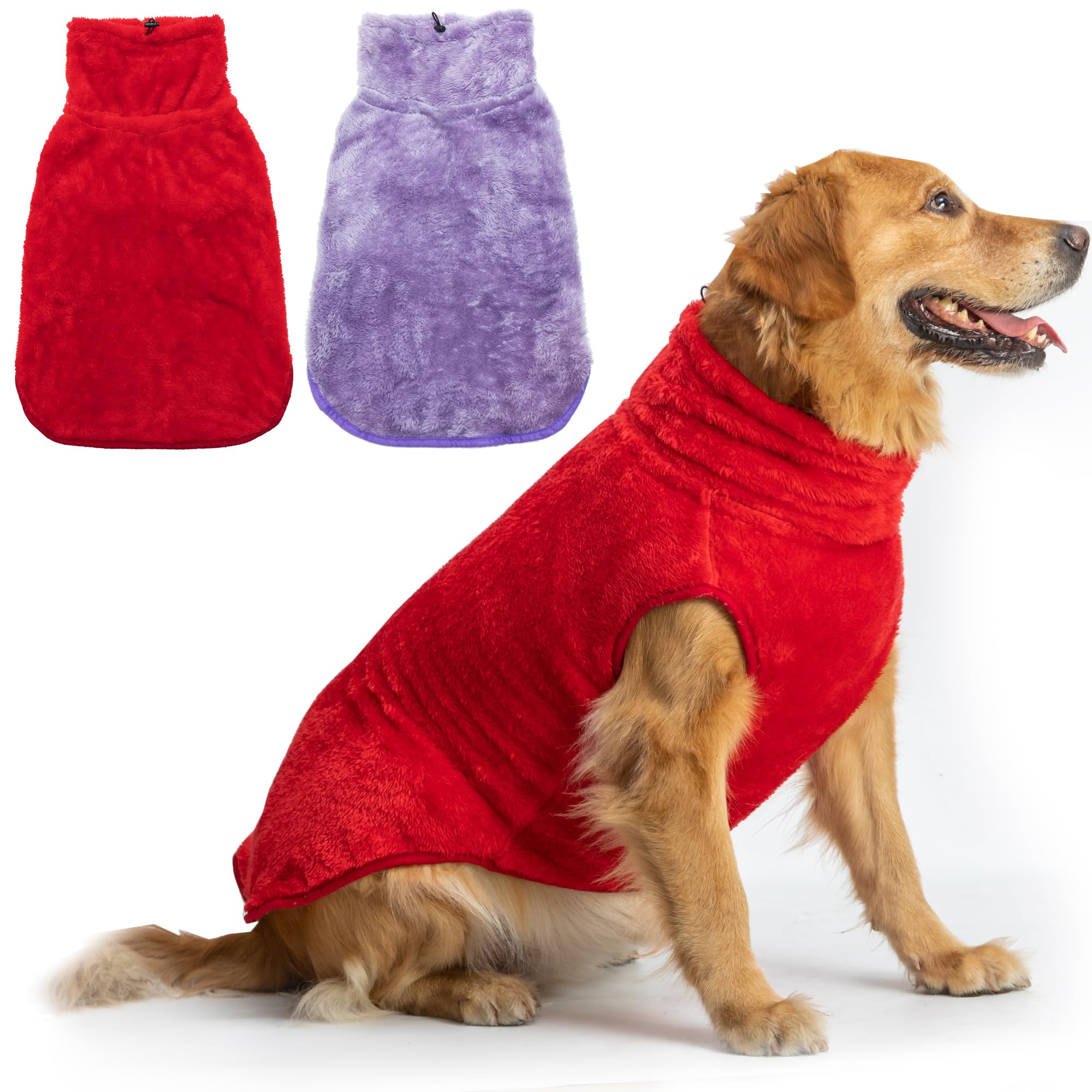 KAYCOWZA Dog Jacket for Cold Weather, 2 Pack Cozy Winter Warm Turtleneck Pet Coat Clothes for Large Medium Small Dogs, Fleece Adjustable Pullover Dog