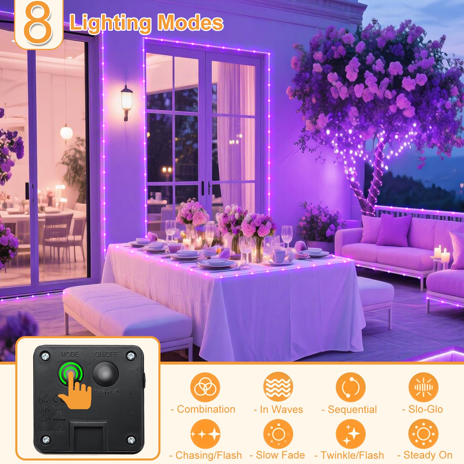 2 sztuki lampek linowych na zewnątrz, łącznie 1,5 m, 270 diod LED, wodoodporne, 8 trybów migotania, światło rurkowe do domu, na patio, basen, krajobraz, chodnik, przyjęcie, dekoracja świąteczna